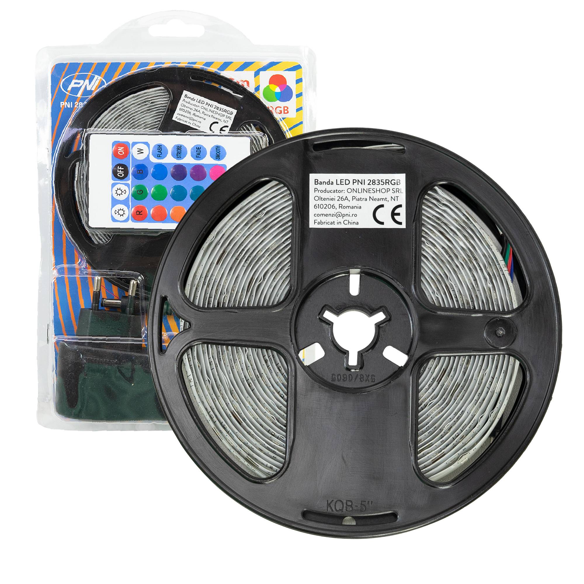 PNI 2835RGB LED-Streifen, RGB, IP65, Silikon, Länge 5 Meter, mit Fernbedienung, 230 V Netzteil, dimmbar, Lichtspiele, 270 LEDs Typ 2835, 12W