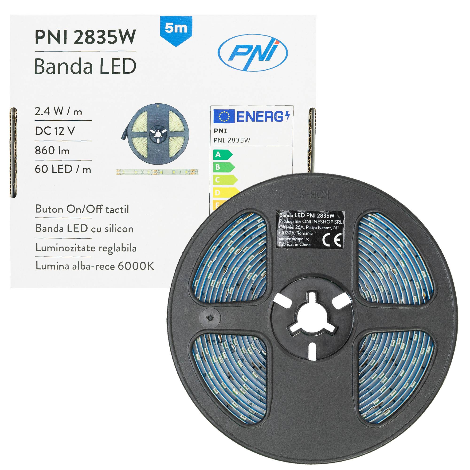 PNI LED-Streifen 2835 W, 300 LEDs, Kaltweiß 6000 K, 860 lm, dimmbar, Touch-Taste, 230 V Netzteil, Silikon, 5 Meter, IP65