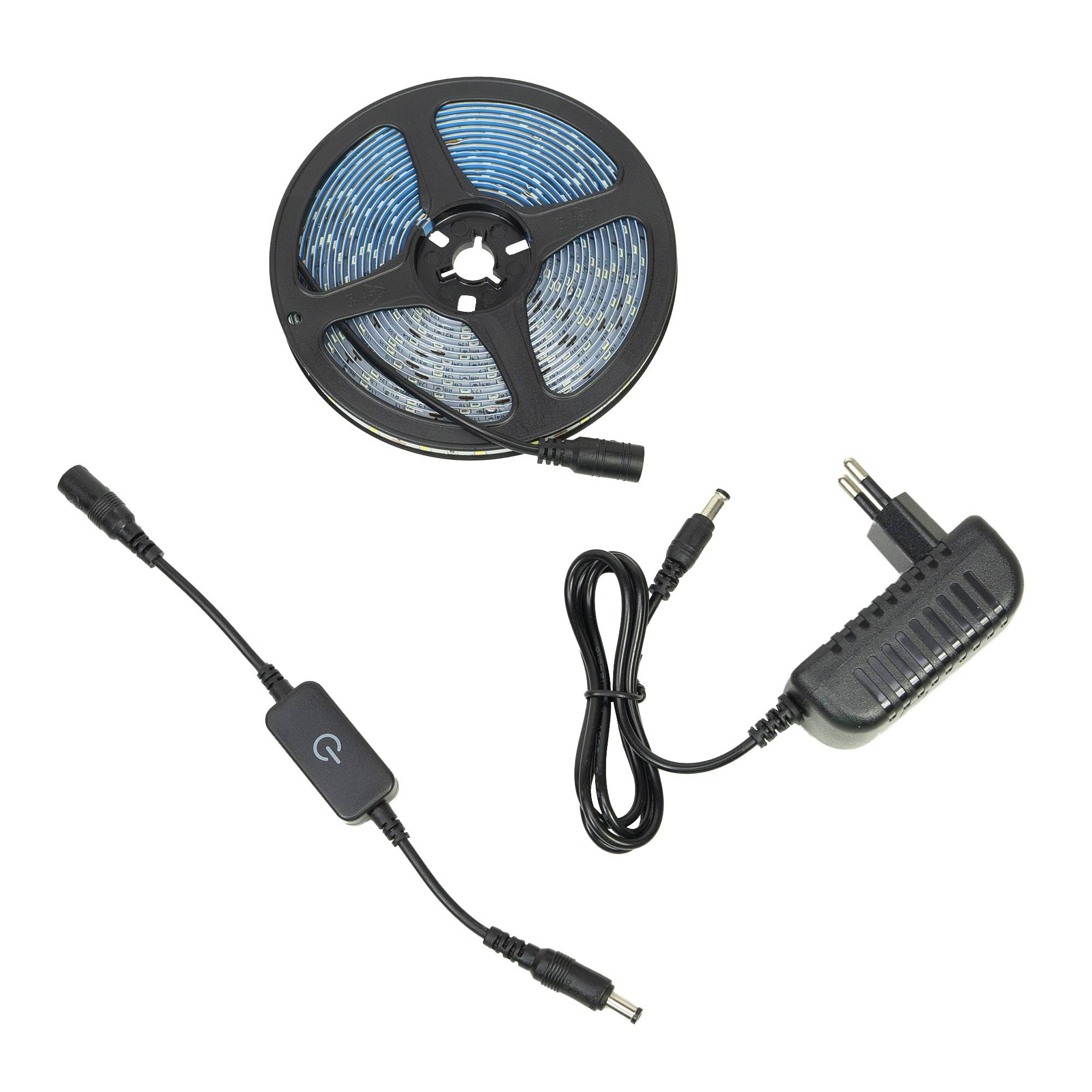 PNI LED-Streifen 2835 W, 300 LEDs, Kaltweiß 6000 K, 860 lm, dimmbar, Touch-Taste, 230 V Netzteil, Silikon, 5 Meter, IP65