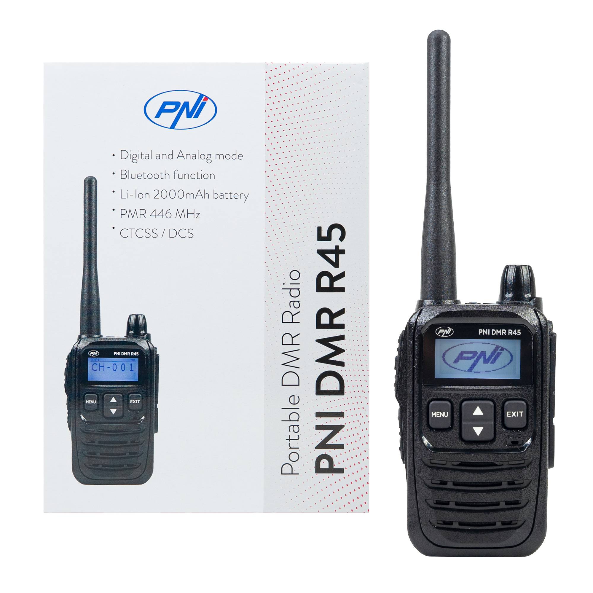 Tragbarer Radiosender PNI DMR R45, digital und analog, 446 MHz, 16 digitale Kanäle und 99 analoge Kanäle, Sprachaufzeichnungsfunktion, Li-Ion-2000-m