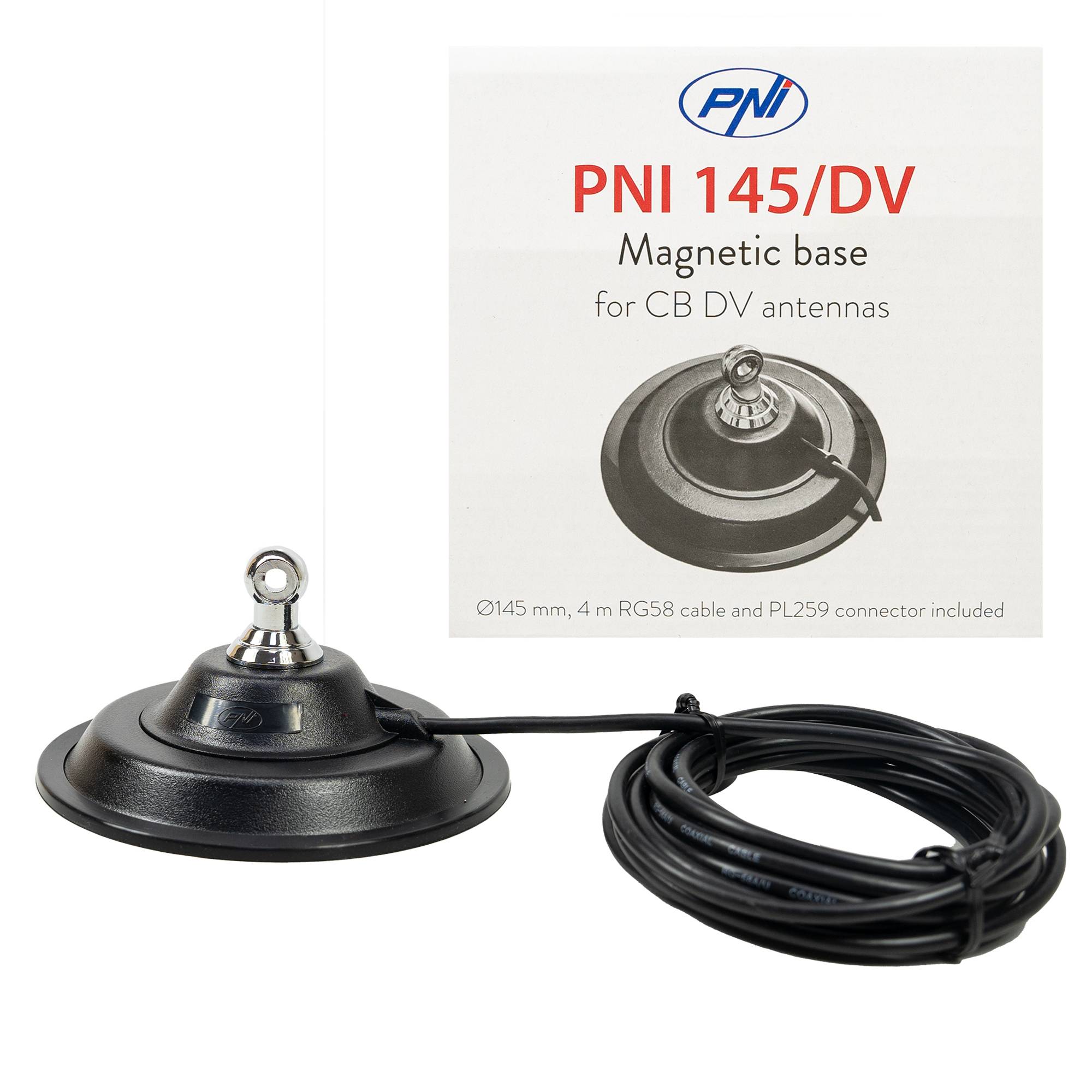 Der Magnetfuß PNI 145/DV 145 mm enthält 4 m Kabel und Stecker PL259