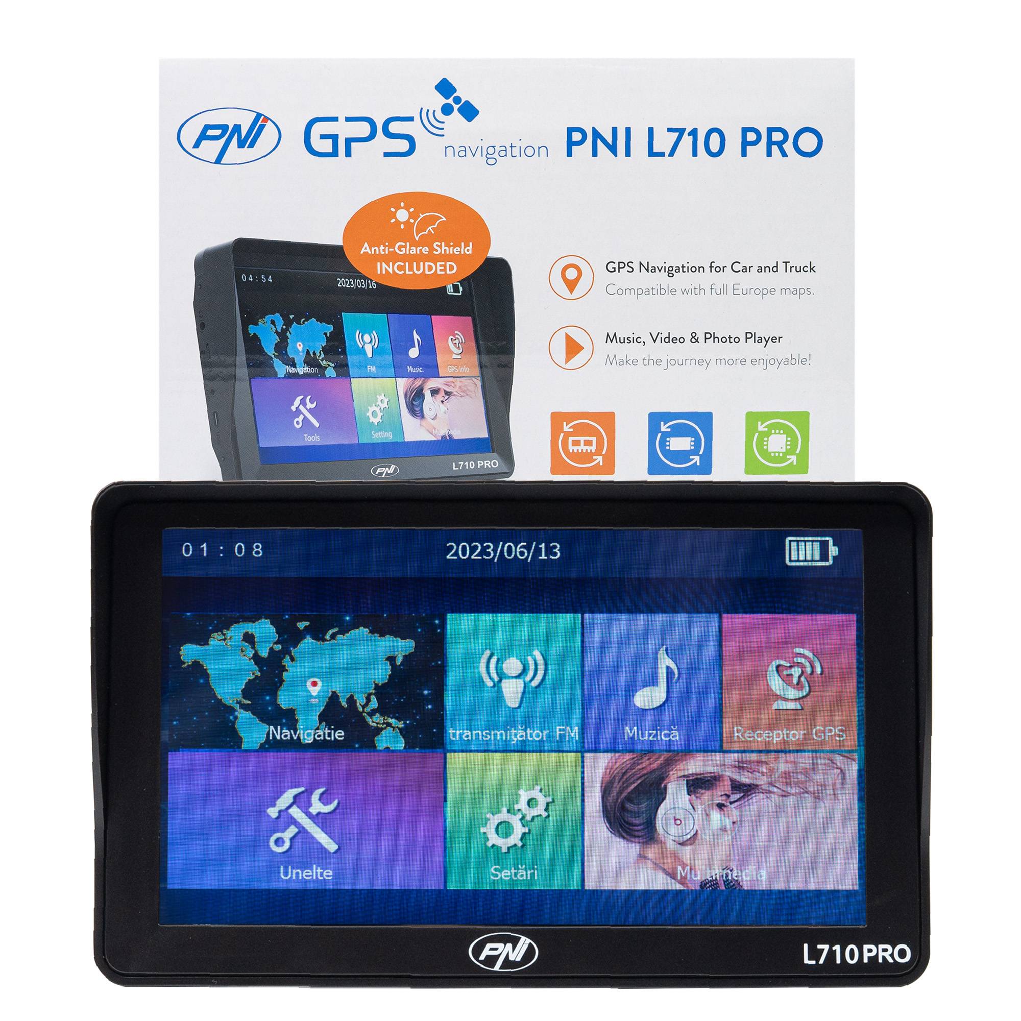 PNI L710 PRO GPS-Navigationssystem mit Sonnenschutz, 7 Zoll, 800 MHz, 256 MB DDR, 16 GB interner Speicher, FM-Transmitter, inklusive zwei