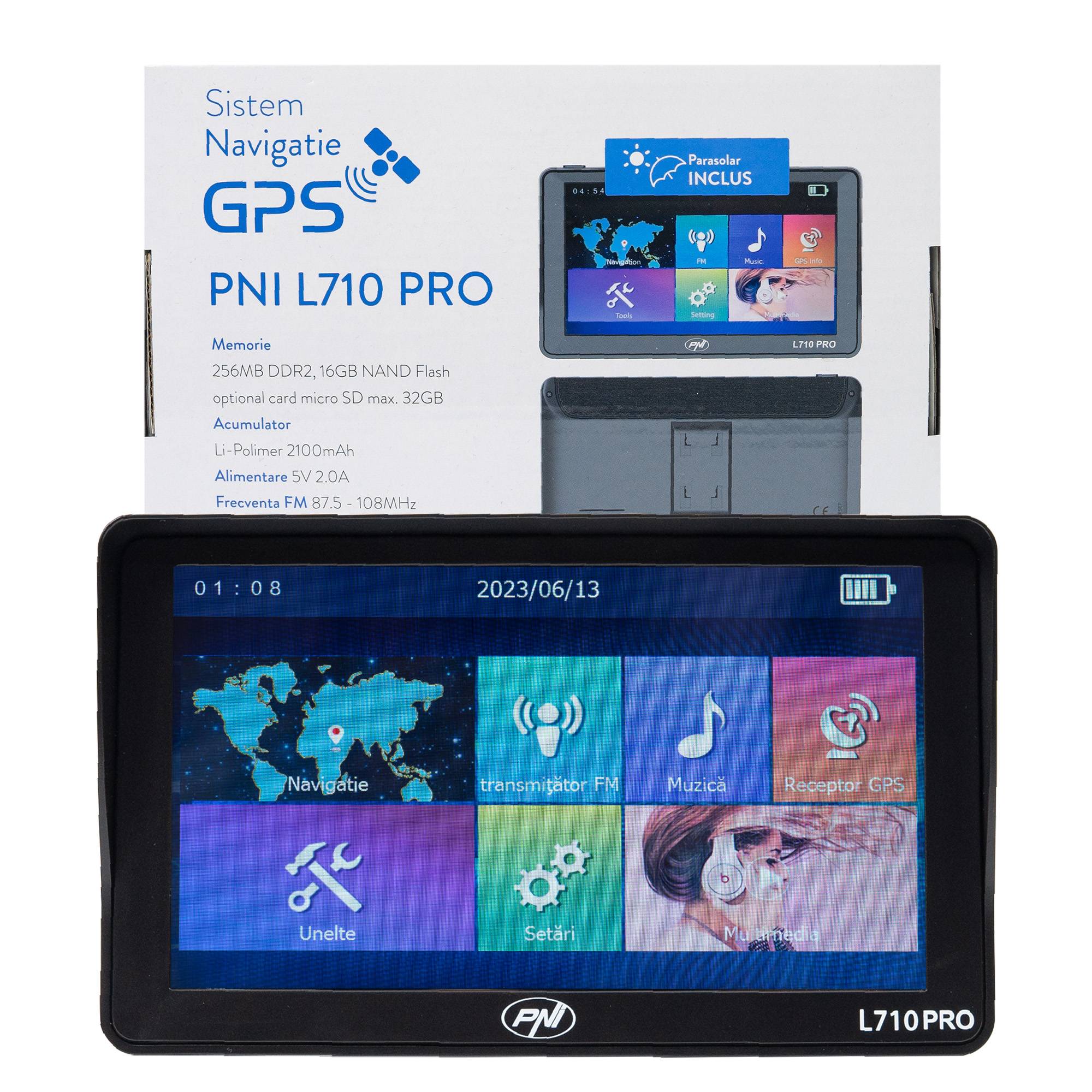 PNI L710 PRO GPS-Navigationssystem mit Sonnenschutz, 7 Zoll, 800 MHz, 256 MB DDR, 16 GB interner Speicher, FM-Transmitter, inklusive zwei