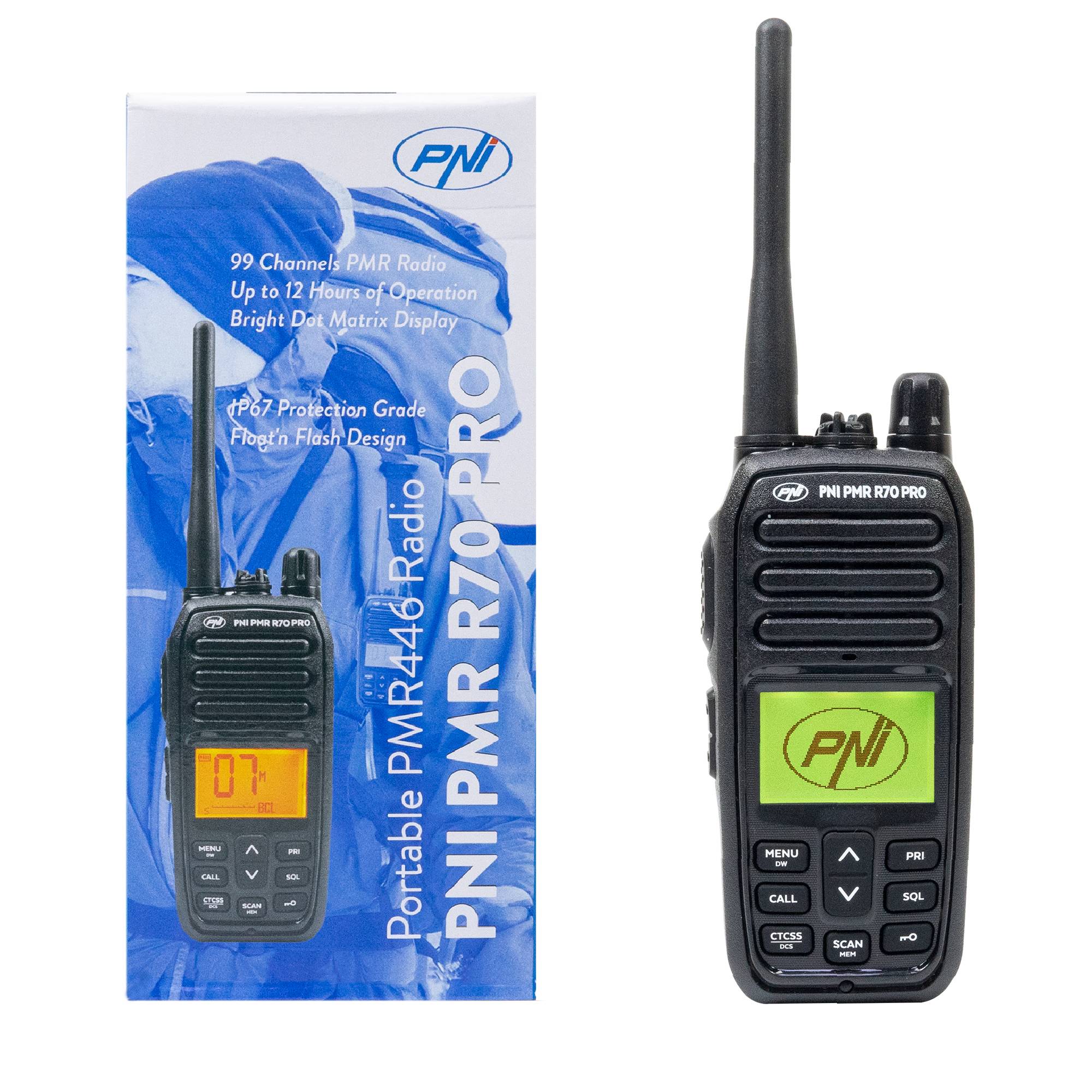 Tragbarer Radiosender PNI PMR R70 PRO 446 MHz, 16 CH 0,5 W, 99 PC-programmierbare Kanäle, 50 CTCSS- und 166 DCS-Töne, IP67