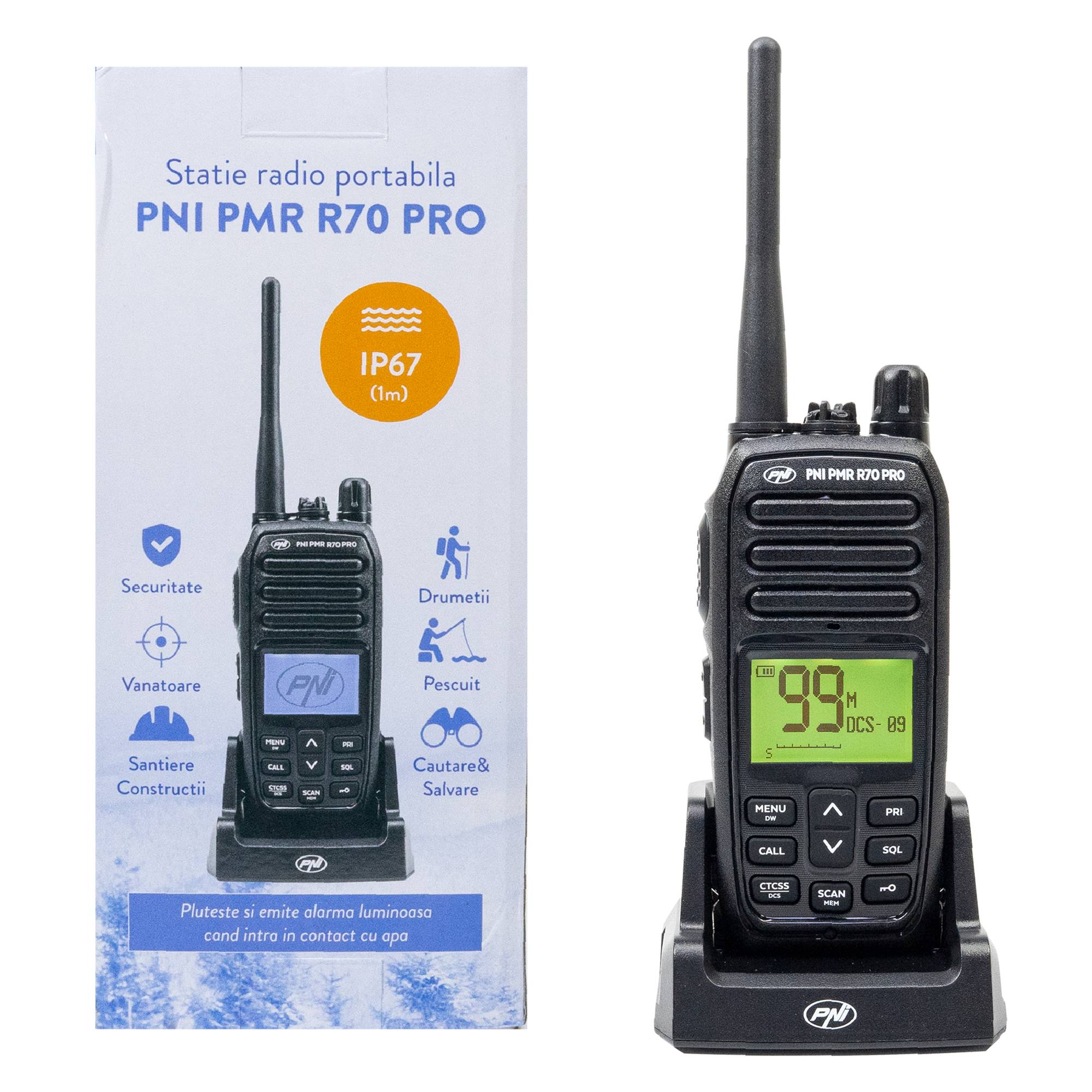 Tragbarer Radiosender PNI PMR R70 PRO 446 MHz, 16 CH 0,5 W, 99 PC-programmierbare Kanäle, 50 CTCSS- und 166 DCS-Töne, IP67