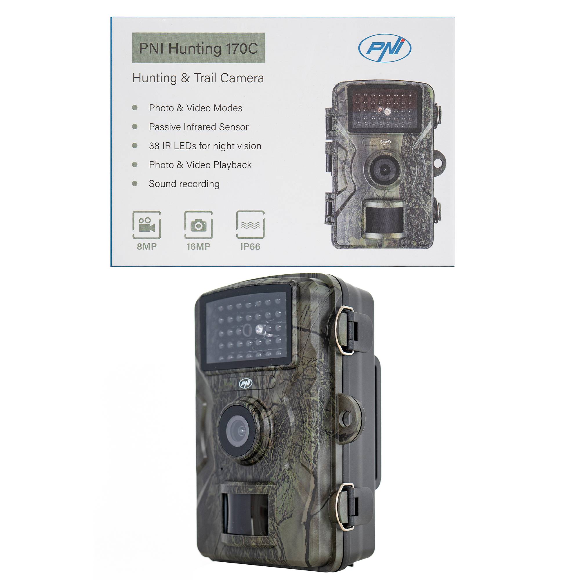 PNI Hunting 170C Jagdkamera, 16MP Foto, 4K Video, PIR 15m, Farbbildschirm, IP66, Micro SD Kartenslot, FOV 120°, 38 LEDs
