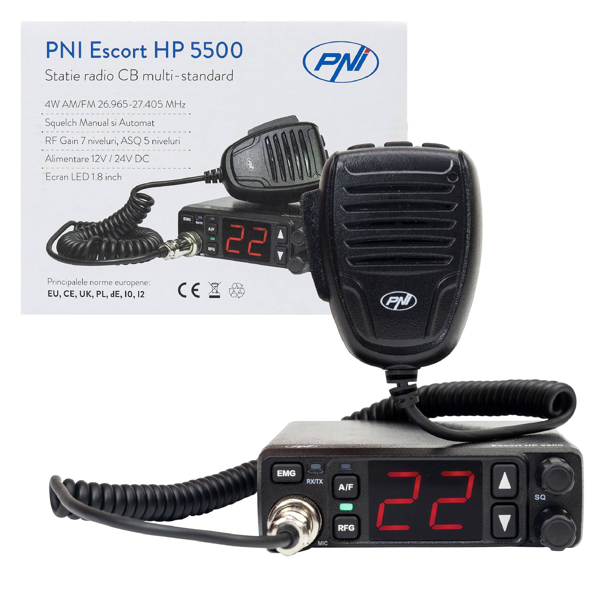 PNI Escort HP 5500 CB-Radiosender, Multistandard, 4 W, AM-FM, 12 V/24 V, ASQ, RF Gain, Zigarettenanzünder-Anschluss im Lieferumfang enthalten