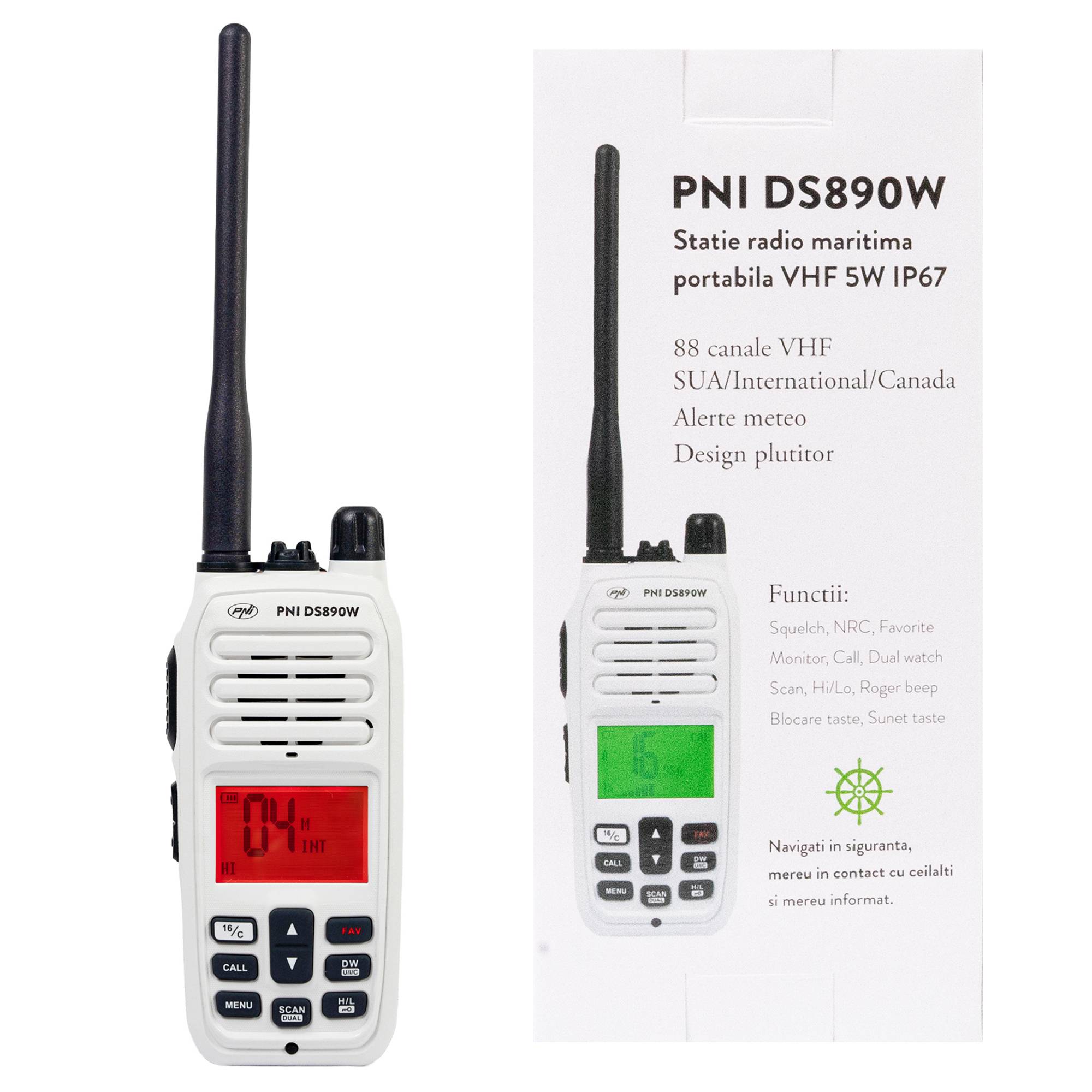 Tragbarer Seefunksender PNI DS890W, 88 Kanäle, 10 Wetterkanäle, einstellbarer Squelch, Roger Beep, Dual Watch, Scan, Call, NRC, 1800-mAh-Akku, IP67