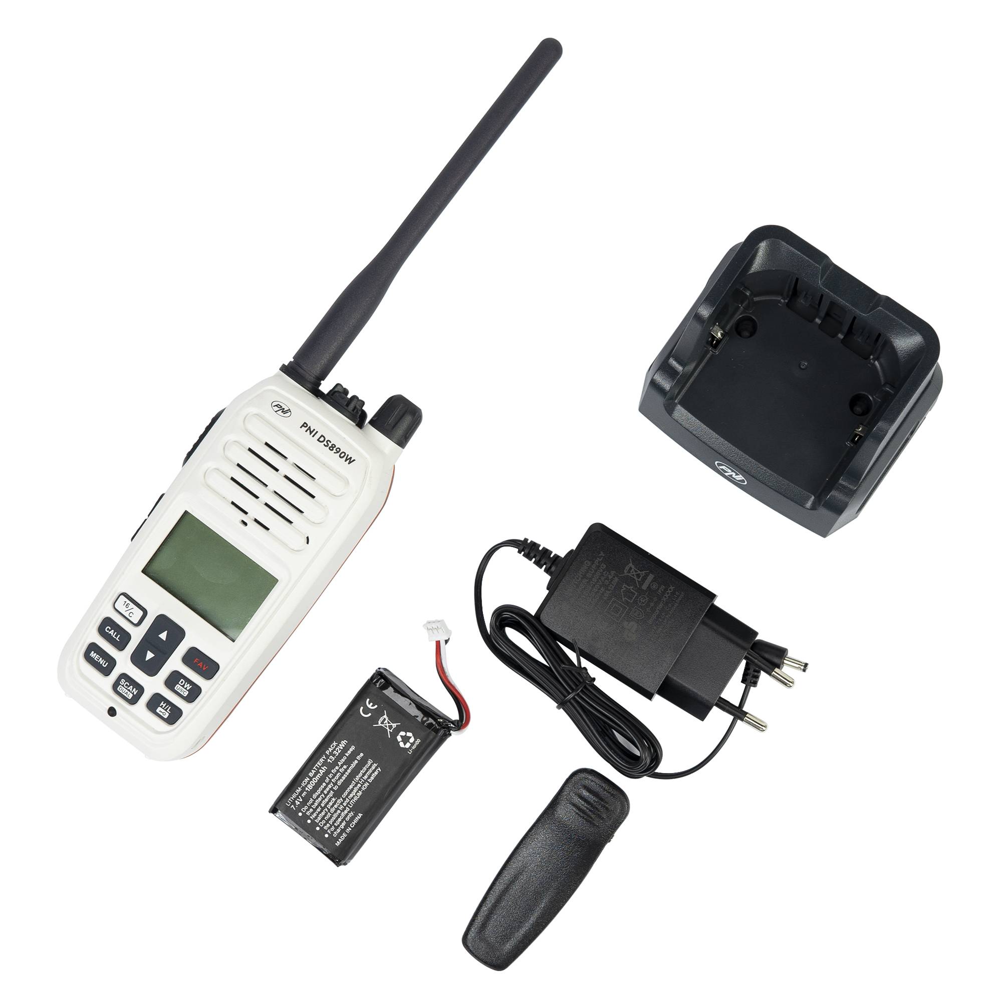 Tragbarer Seefunksender PNI DS890W, 88 Kanäle, 10 Wetterkanäle, einstellbarer Squelch, Roger Beep, Dual Watch, Scan, Call, NRC, 1800-mAh-Akku, IP67