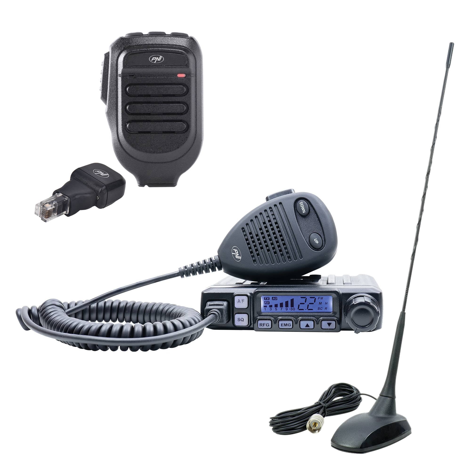 CB-Radiosender-Kit PNI Escort HP 7120 ASQ mit CB-Antenne PNI Extra 48 und zusätzlichem Mikrofon-Dongle mit Bluetooth PNI Mike 65 im Lieferumfang