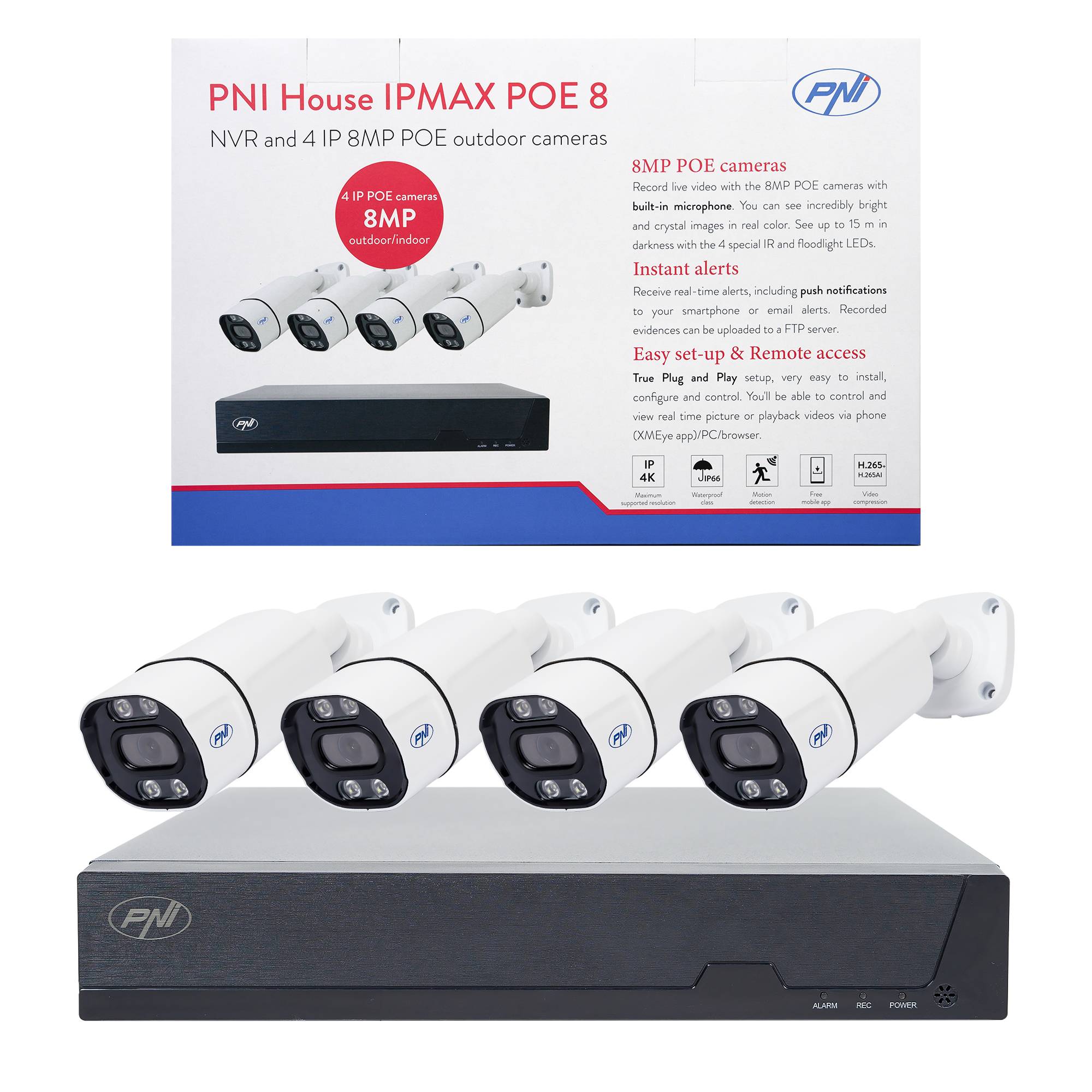 PNI House IPMAX POE 8 Videoüberwachungskit, NVR mit 4 POE-Ports und 4 8MP IP-Kameras, IP66