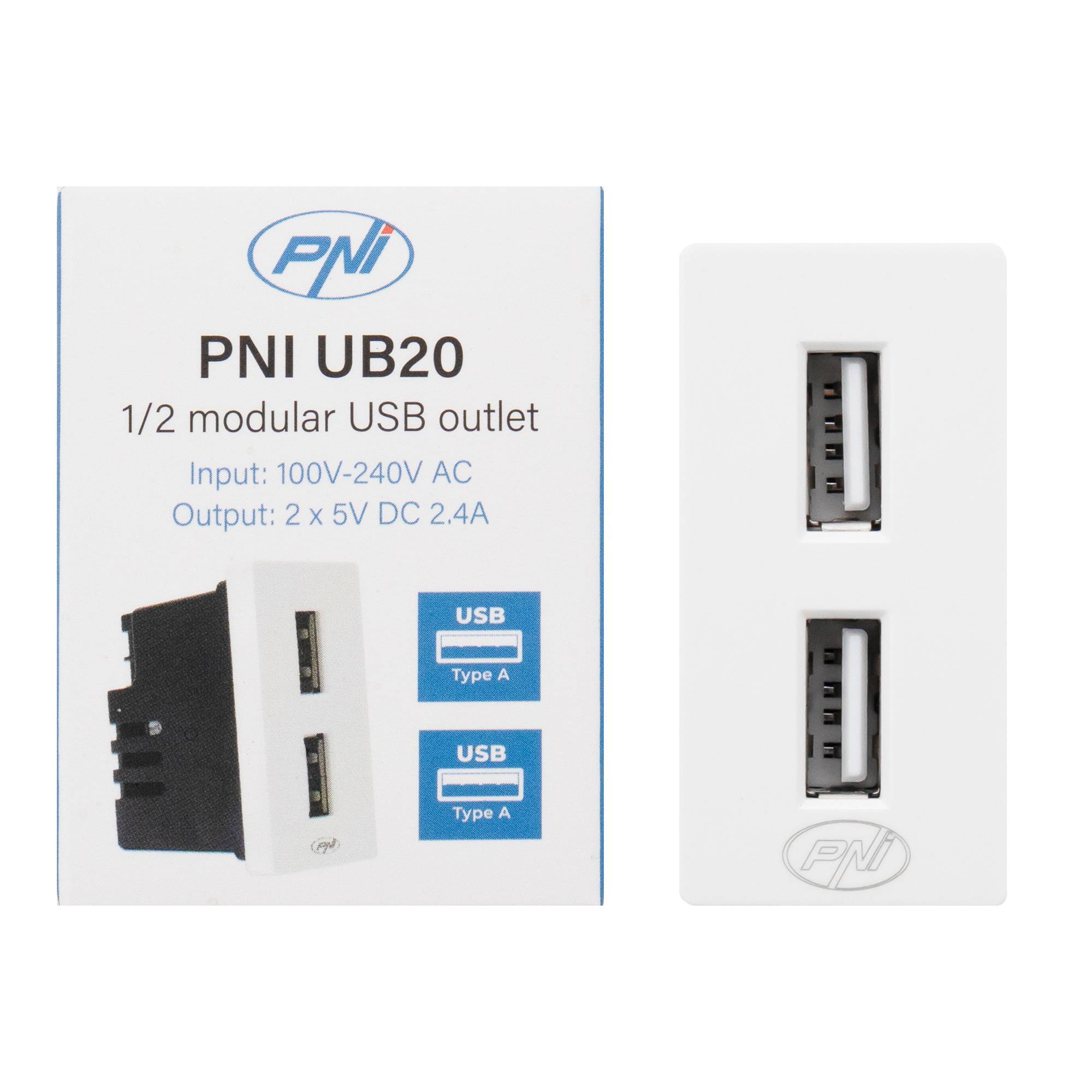 Steckdose 2 x USB PNI UB20, 5V 2,4A, max. 12W, modular, Typ F 1/2, Einbaumontage