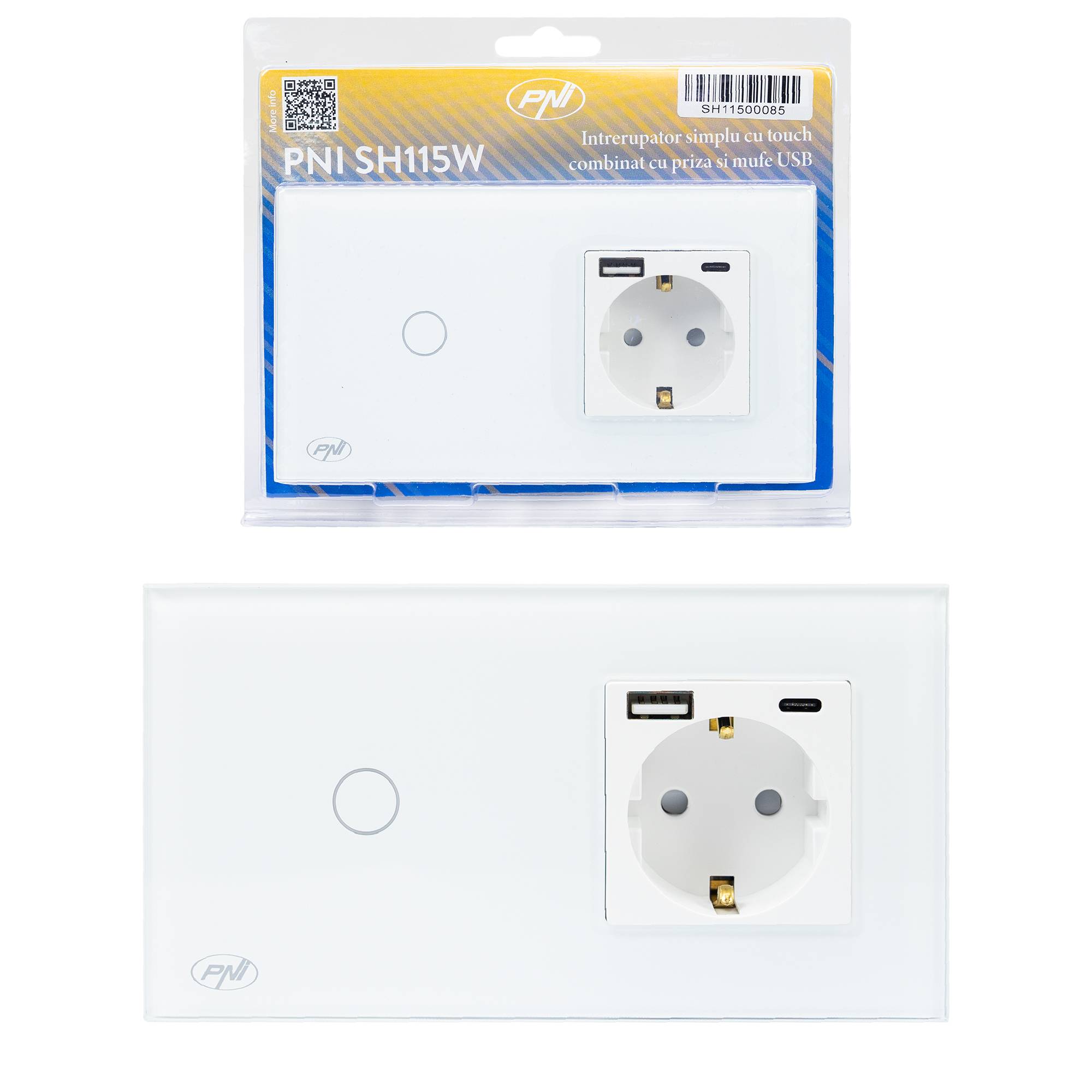 PNI SH115W einfacher Glasschalter mit Touch, kombiniert mit Schuko-Steckdose und USB-Steckern