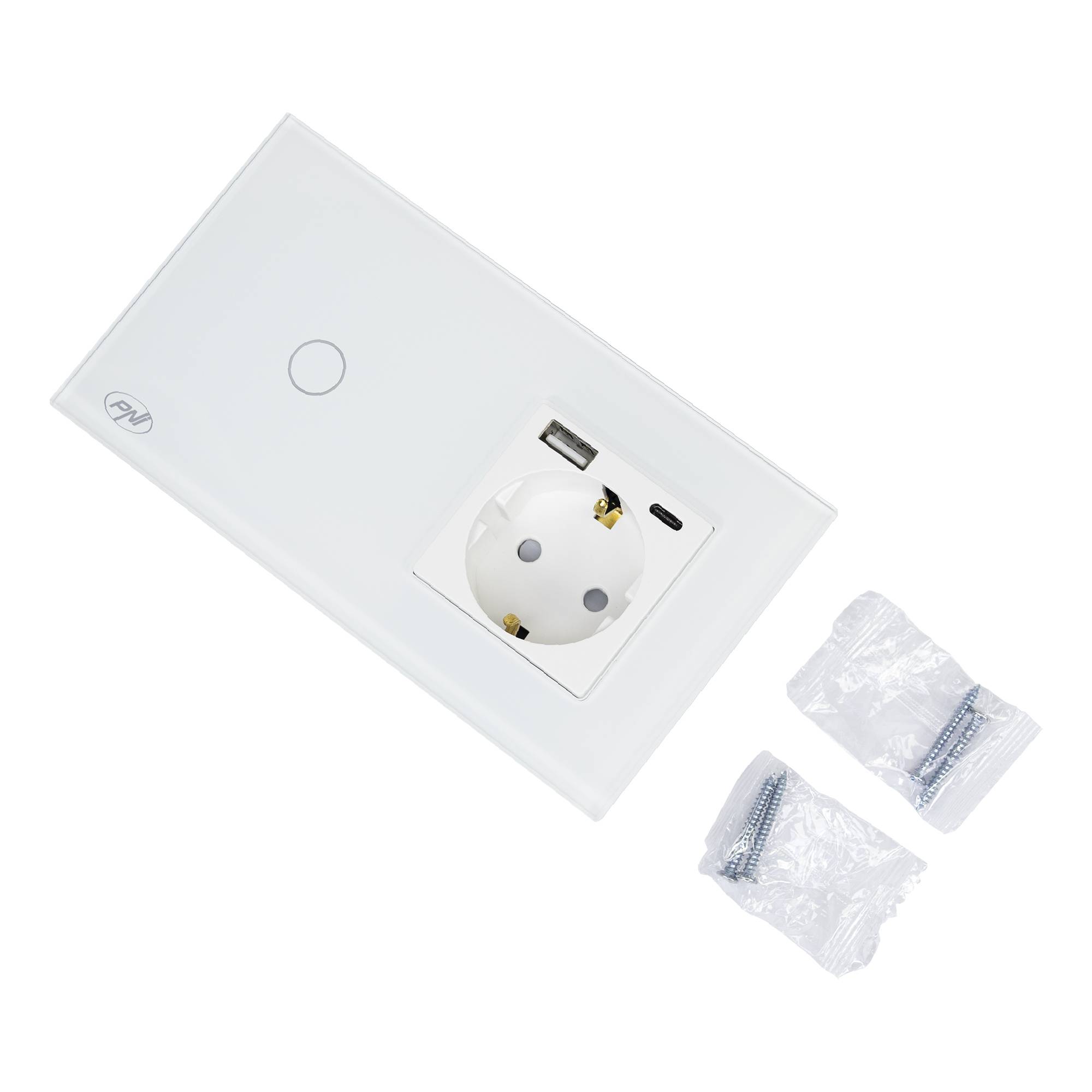 PNI SH115W einfacher Glasschalter mit Touch, kombiniert mit Schuko-Steckdose und USB-Steckern
