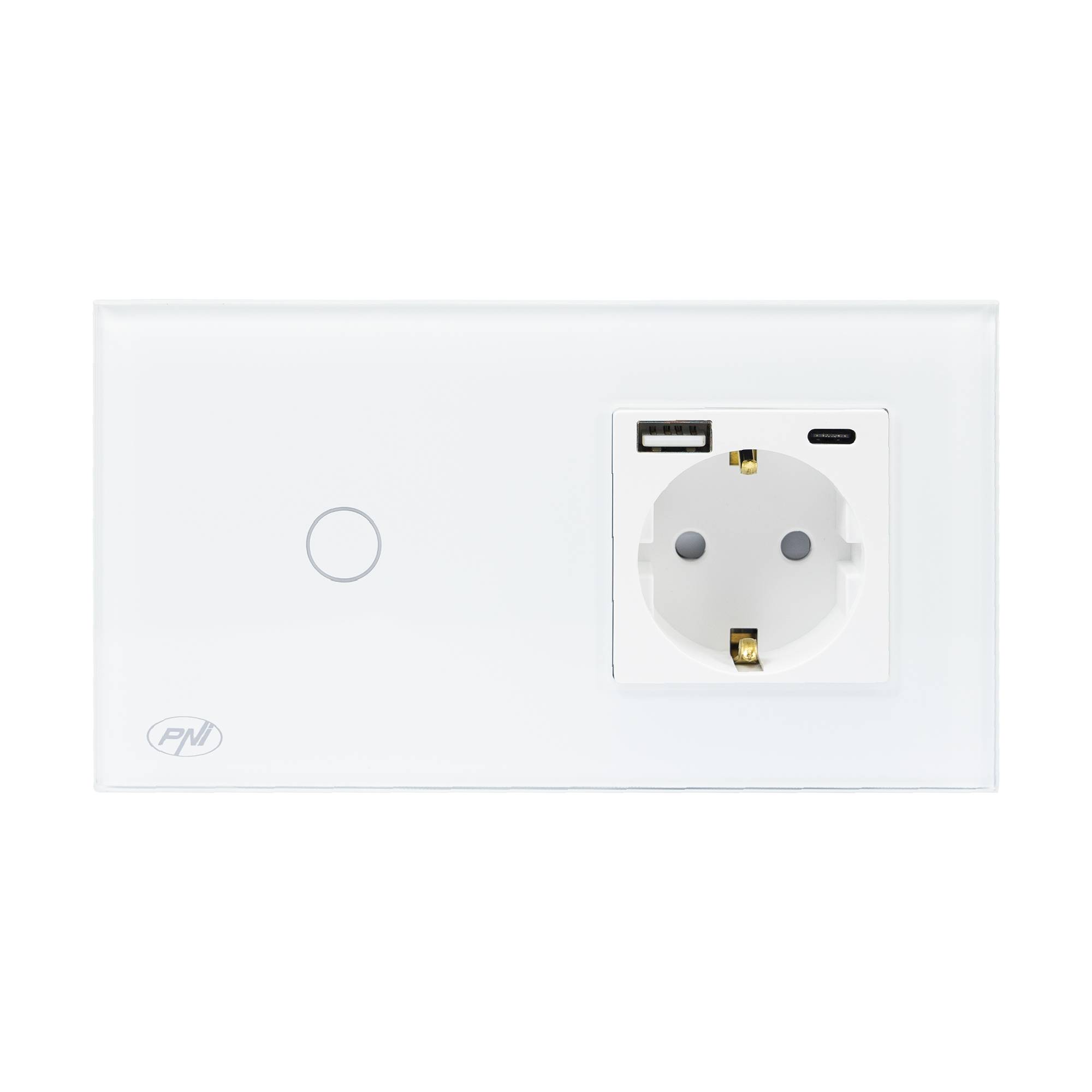 PNI SH115W einfacher Glasschalter mit Touch, kombiniert mit Schuko-Steckdose und USB-Steckern