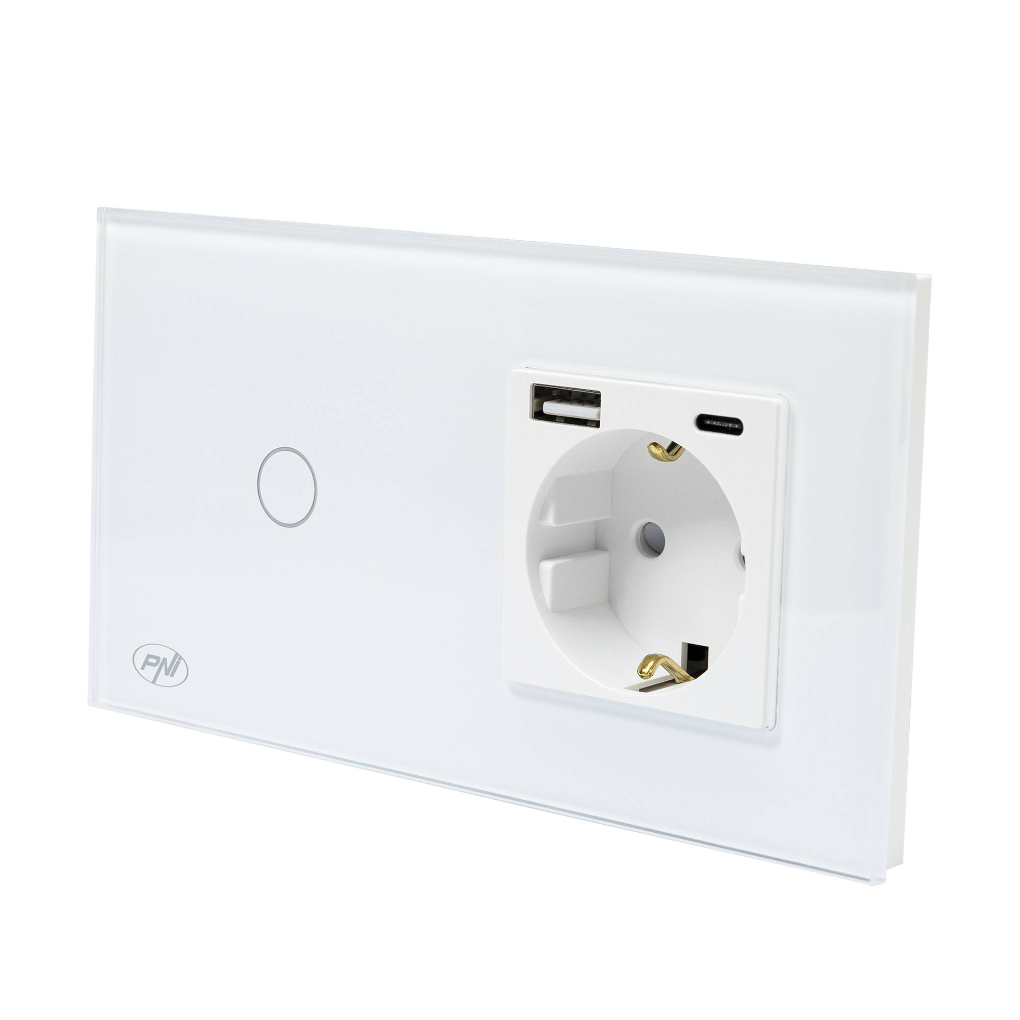 PNI SH115W einfacher Glasschalter mit Touch, kombiniert mit Schuko-Steckdose und USB-Steckern