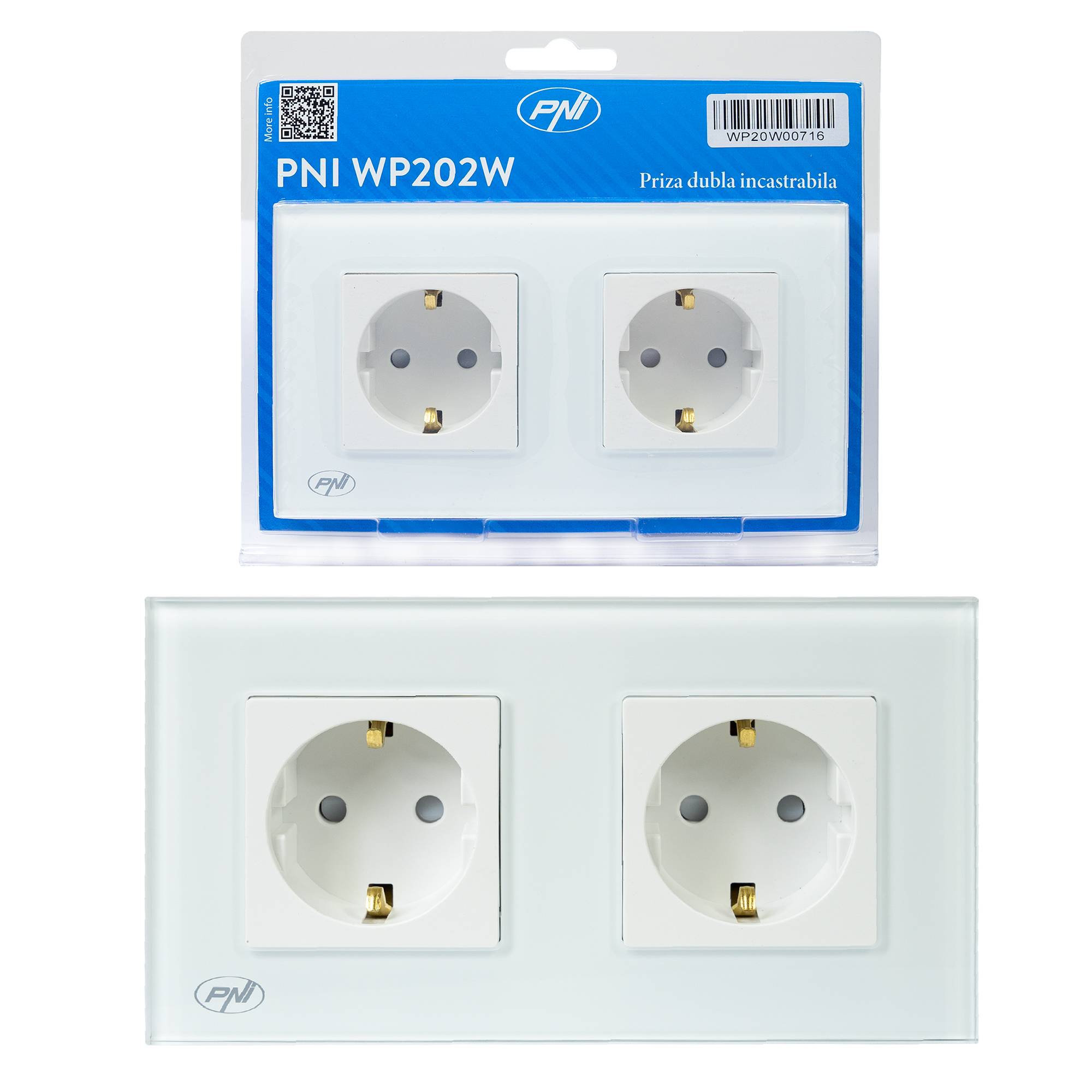 PNI WP202W Einbau-Doppelsteckdose, mit Glasrahmen, 16A, 2X3000W, 230V, weiß