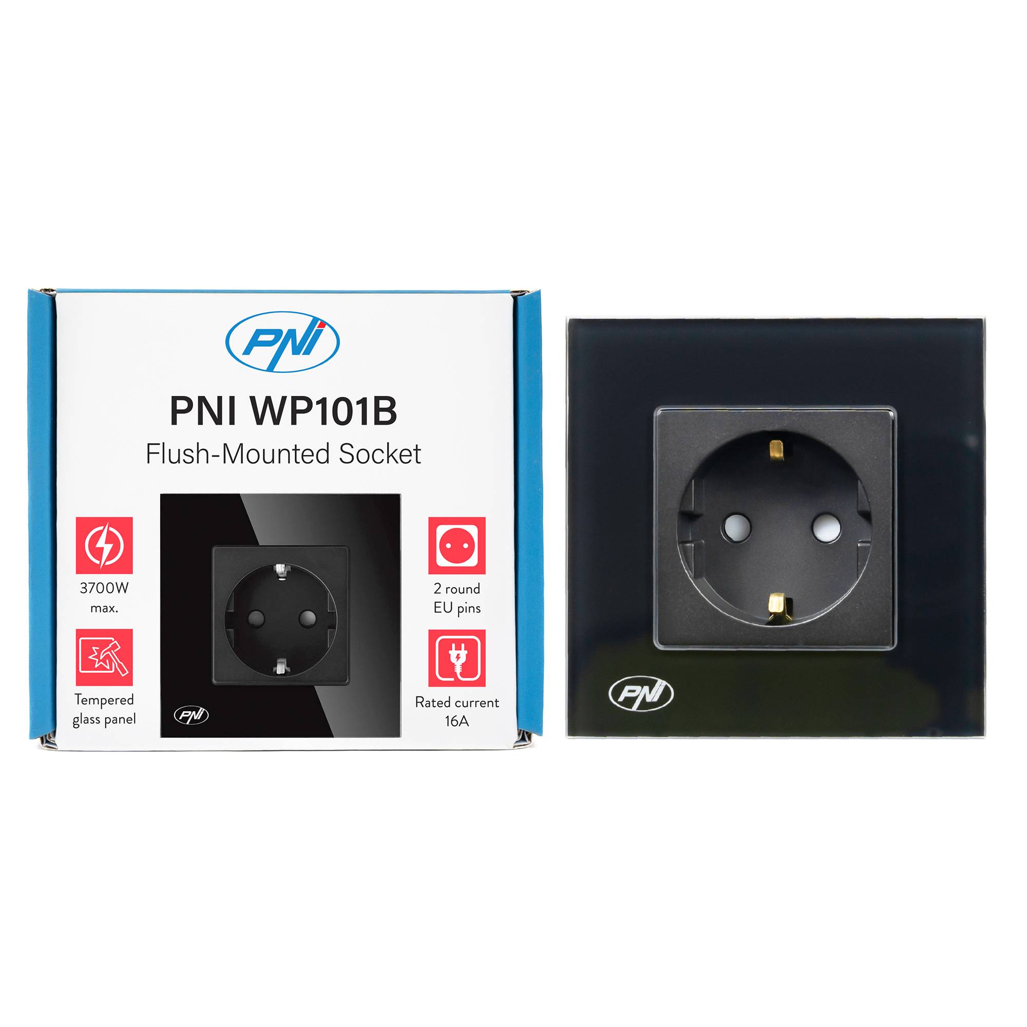 PNI WP101 einfache Einbausteckdose mit Glasrahmen, 16A, 3700W, 230V
