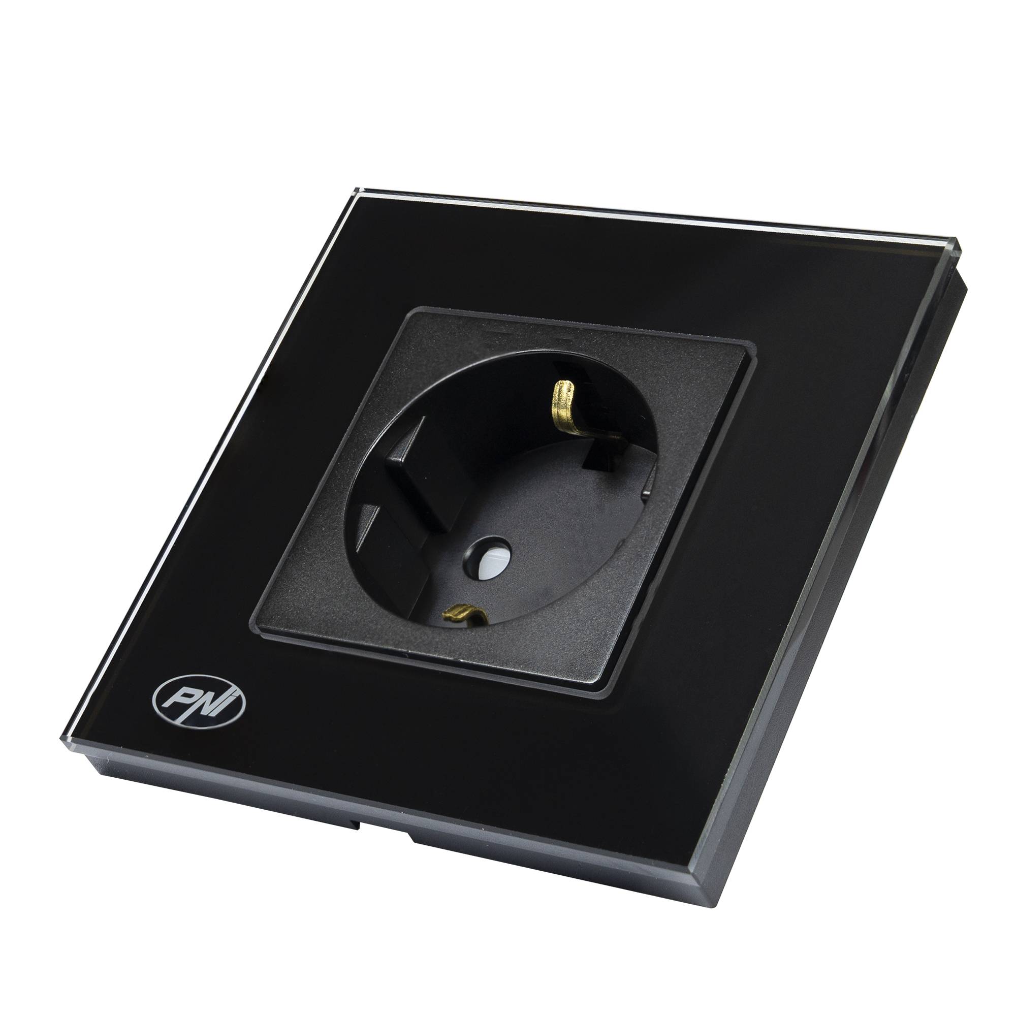 Einfache Einbausteckdose PNI WP101B, mit Glasrahmen, 16A, 3700W, 230V, schwarz
