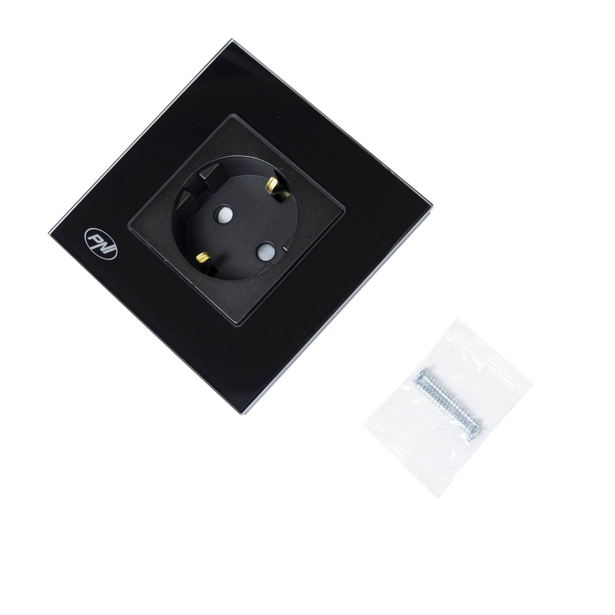 Einfache Einbausteckdose PNI WP101B, mit Glasrahmen, 16A, 3700W, 230V, schwarz