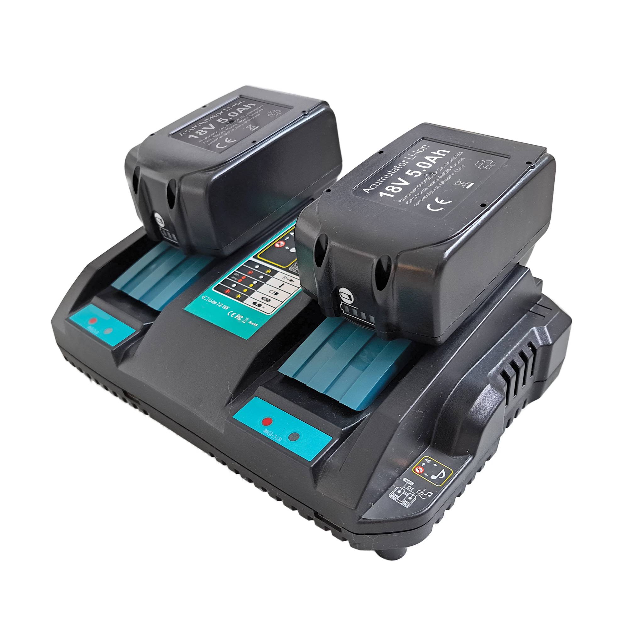 Das PNI DCH218-Doppelbatterieladegerät mit zwei USB-Anschlüssen enthält zwei 18-V-5-Ah-Batterien