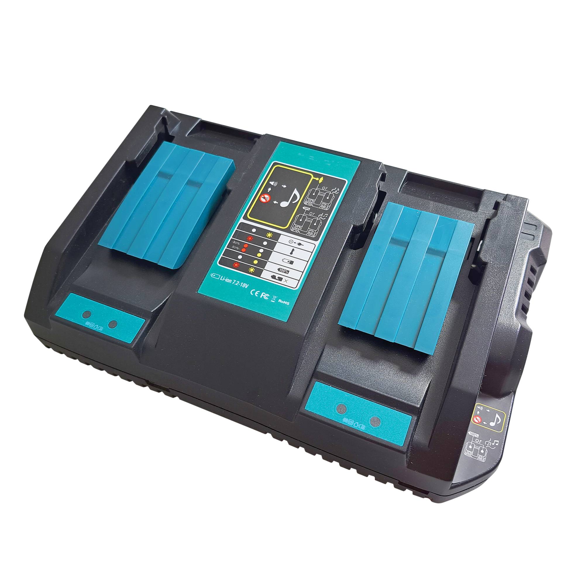 Das PNI DCH218-Doppelbatterieladegerät mit zwei USB-Anschlüssen enthält zwei 18-V-5-Ah-Batterien