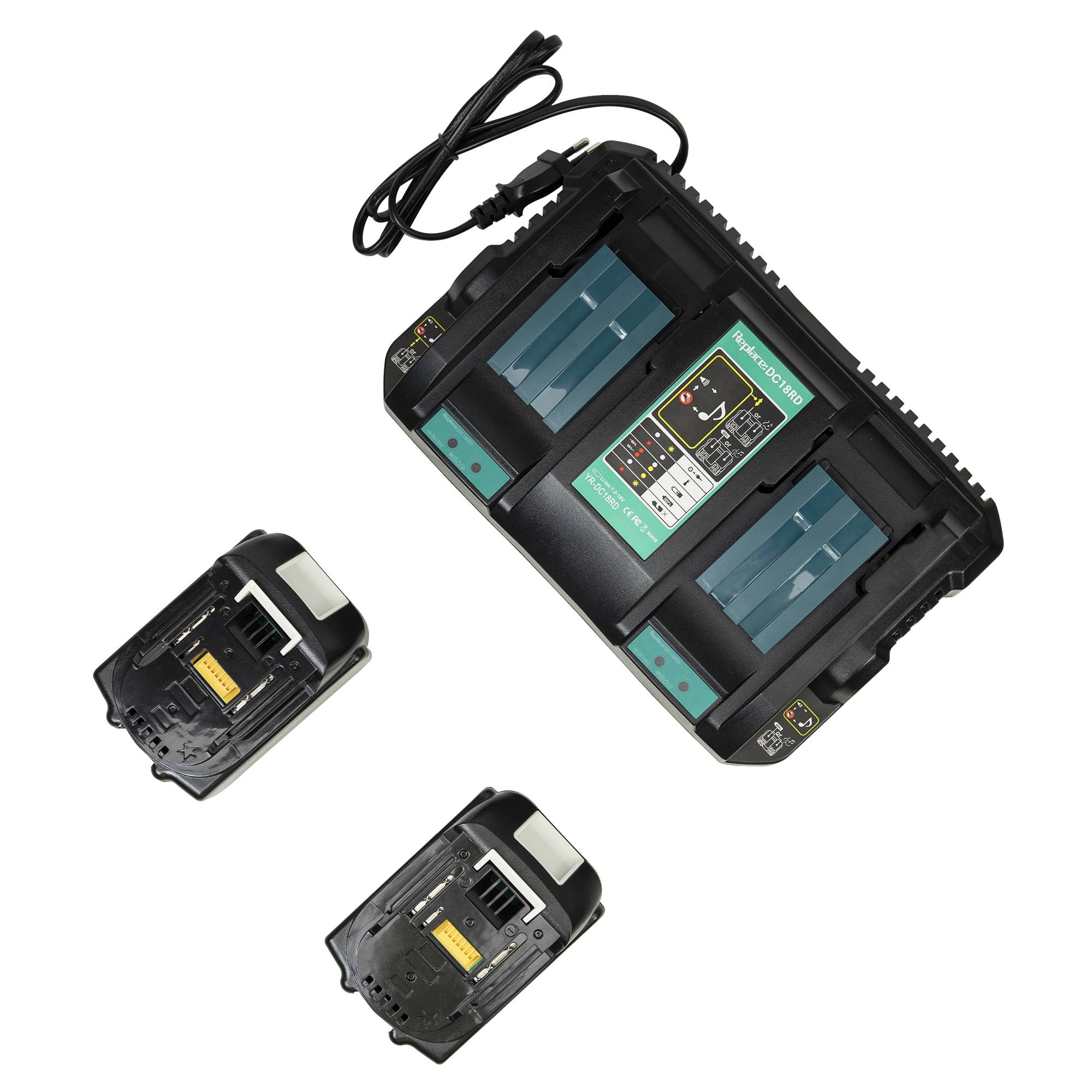 Das PNI DCH218-Doppelbatterieladegerät mit zwei USB-Anschlüssen enthält zwei 18-V-5-Ah-Batterien
