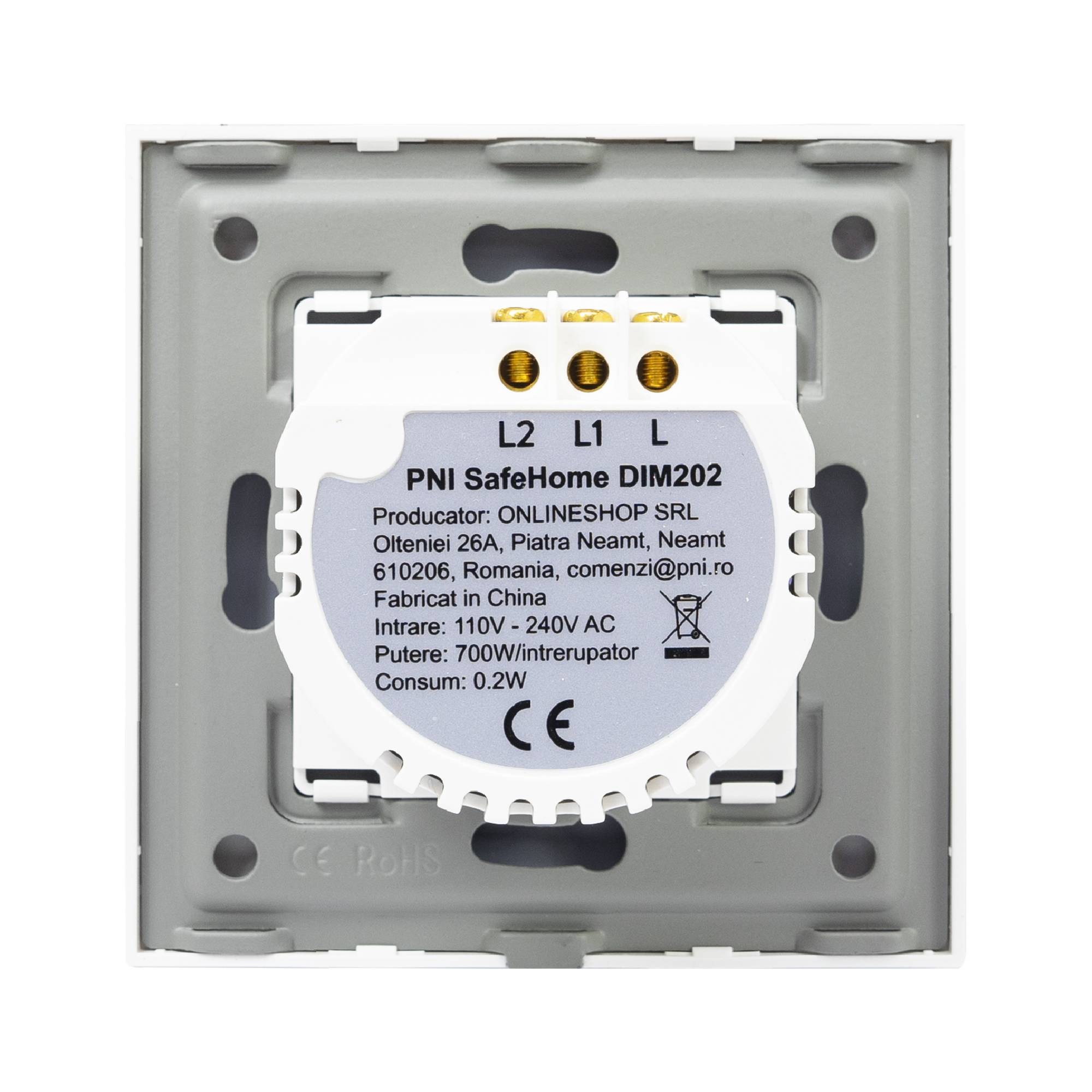 Doppelschalter mit Touch und Dimmer PNI SafeHome DIM202 2X700W, Live Wire, ohne Neutralleiter, Glas