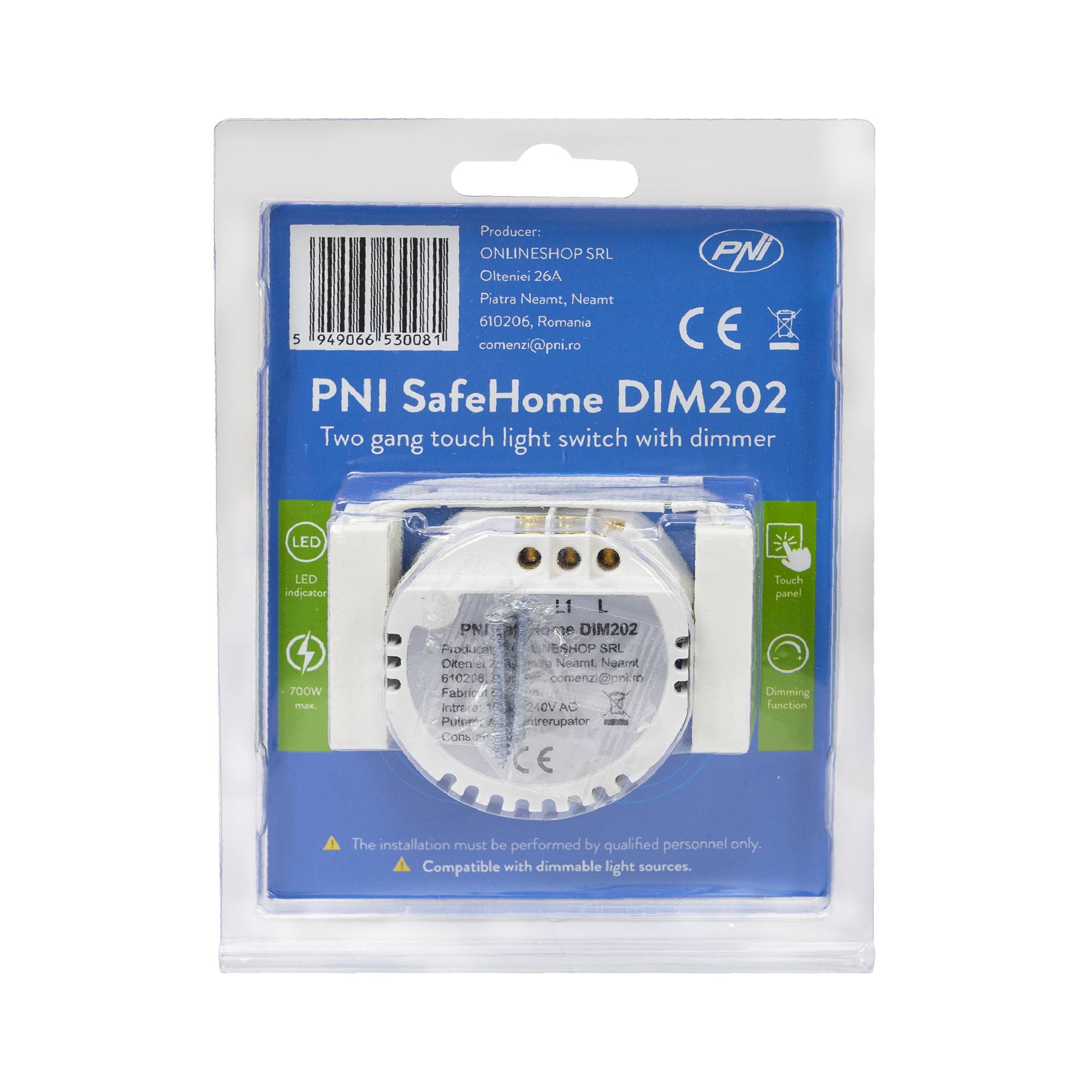 Doppelschalter mit Touch und Dimmer PNI SafeHome DIM202 2X700W, Live Wire, ohne Neutralleiter, Glas