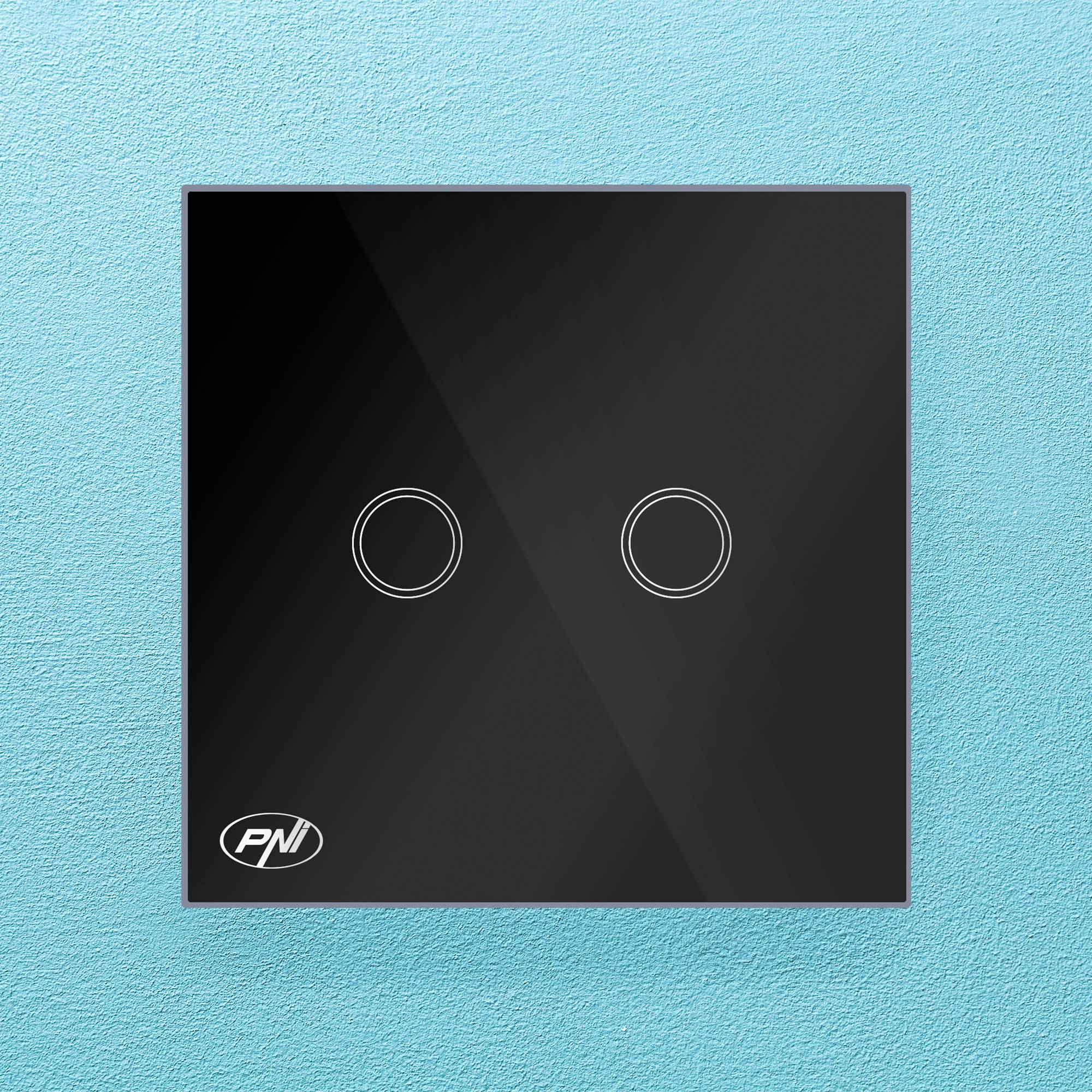 PNI SH222 Glas-Doppel-Touch-Schalter, schwarz mit LED-Anzeige, 10 A, 2 x 200 W