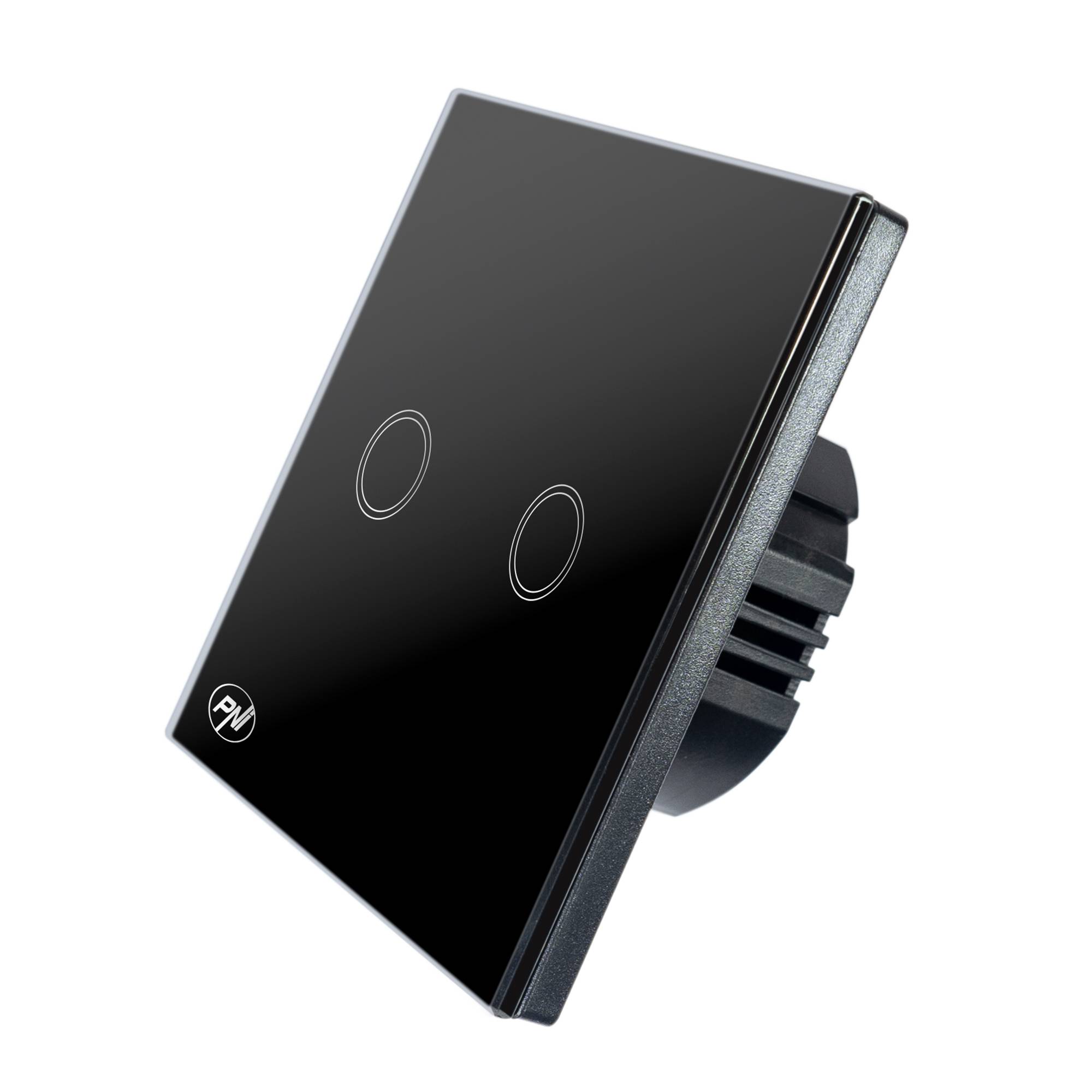 PNI SH222 Glas-Doppel-Touch-Schalter, schwarz mit LED-Anzeige, 10 A, 2 x 200 W