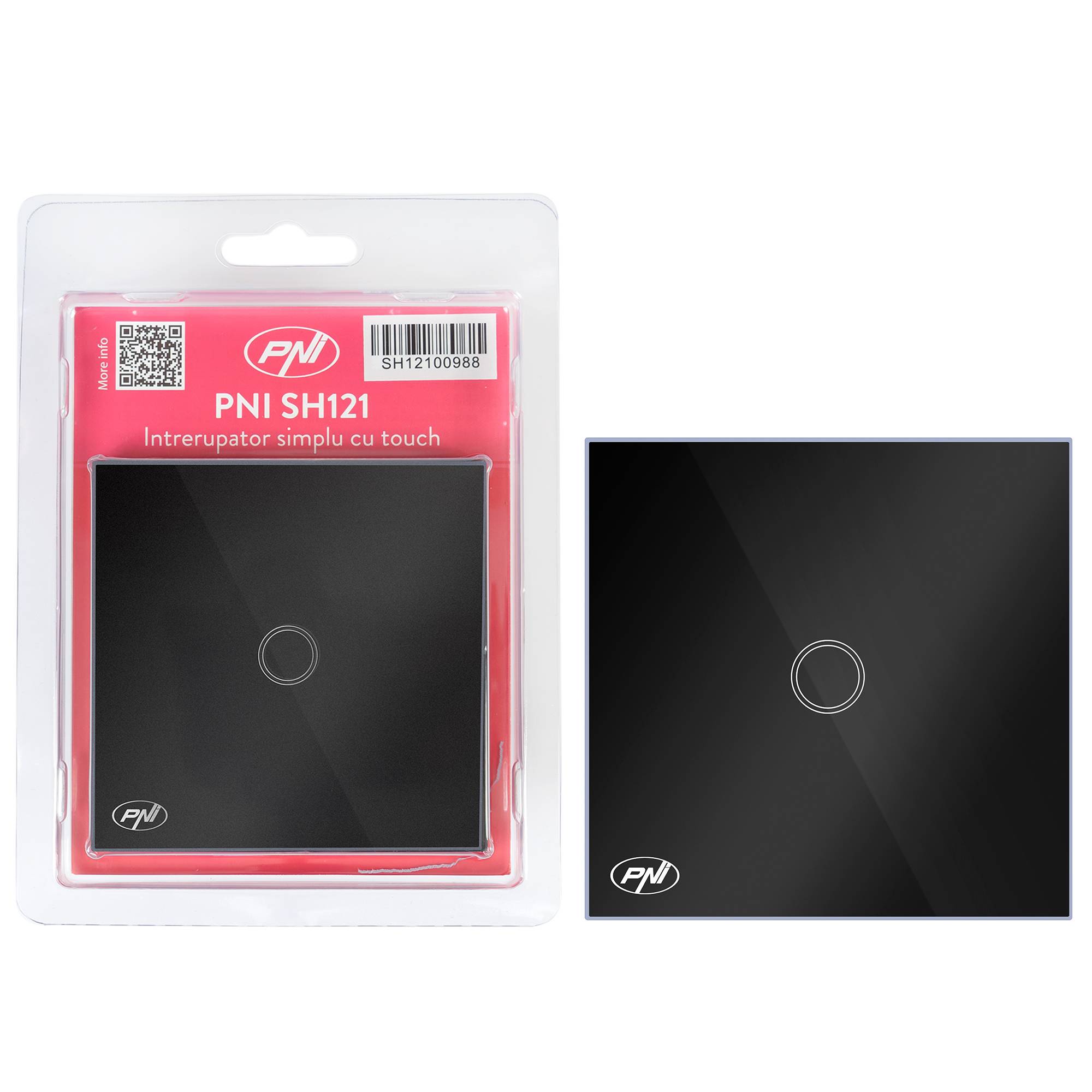 Einfacher Schalter mit Touch PNI SH121, aus Glas, schwarz, mit LED-Anzeige, 10A 200W