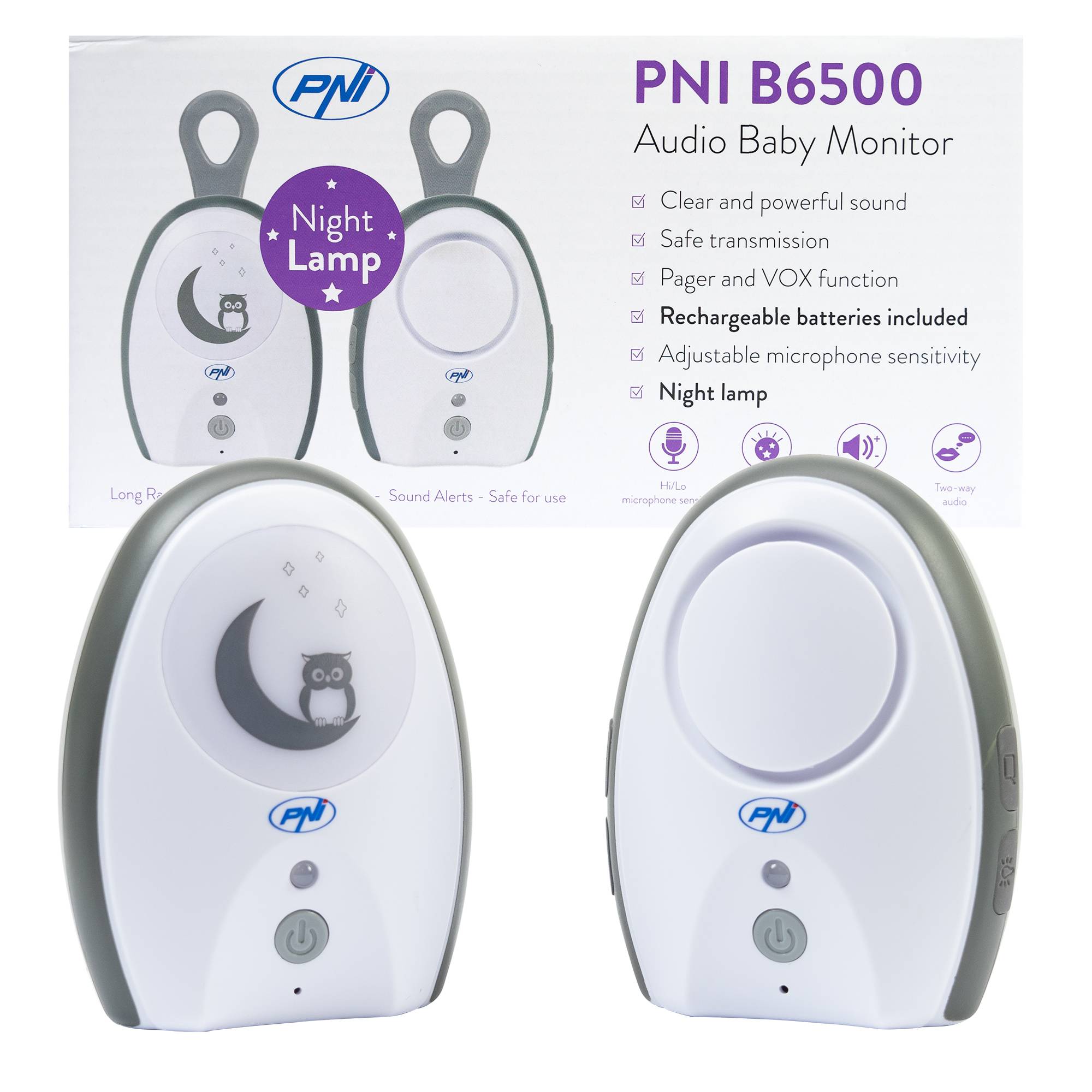 Audio-Babyphone PNI B6500 kabellos, Gegensprechanlage, mit Nachtlampe, Vox- und Pager-Funktion, einstellbare Mikrofonempfindlichkeit