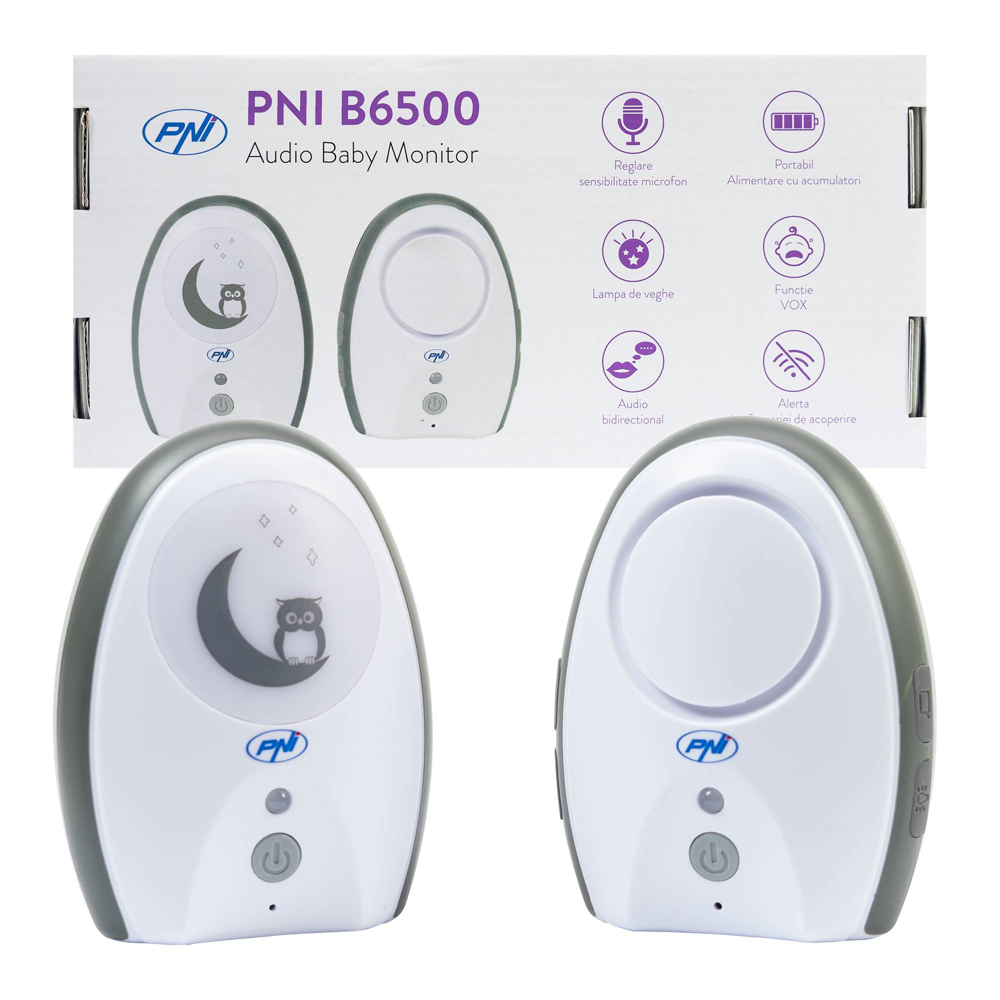 Audio-Babyphone PNI B6500 kabellos, Gegensprechanlage, mit Nachtlampe, Vox- und Pager-Funktion, einstellbare Mikrofonempfindlichkeit