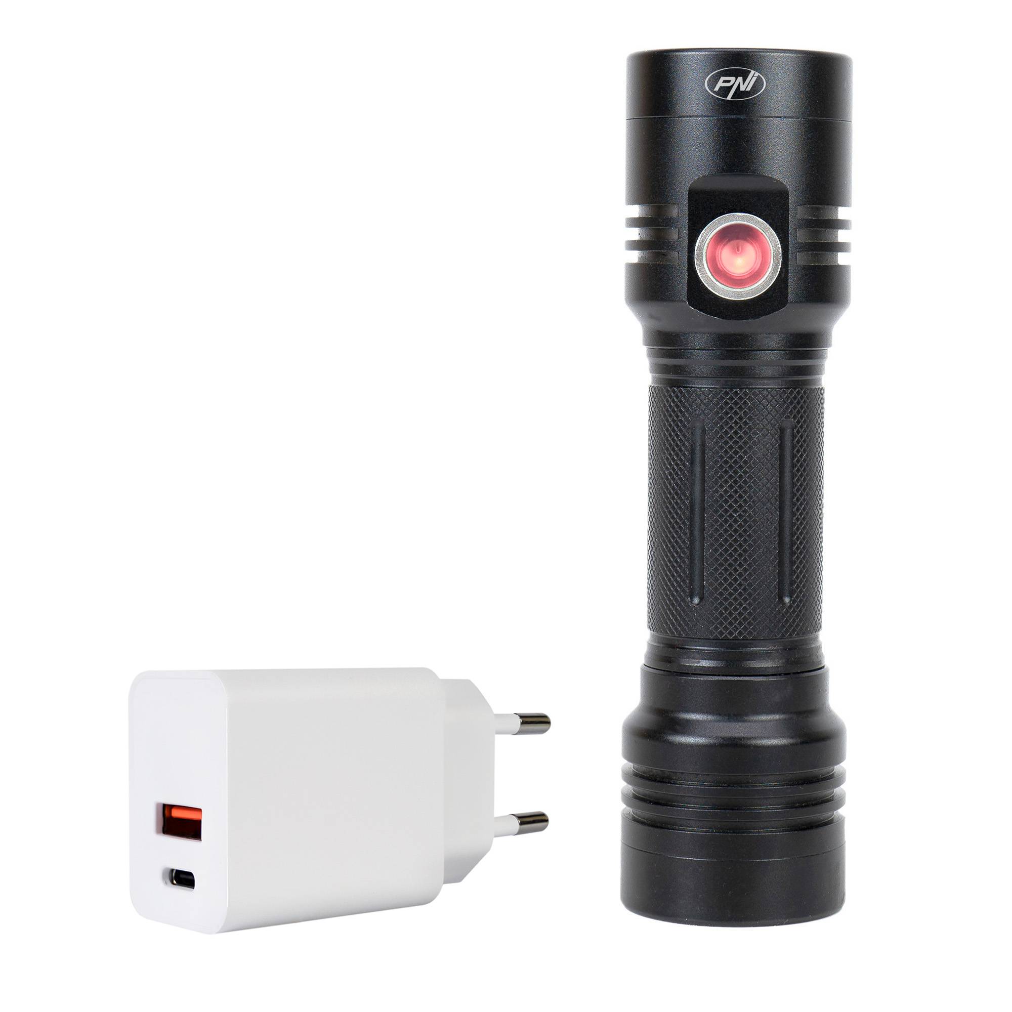 PNI Adventure F200 Aluminium-Doppeltaschenlampenpaket mit LED, 4000-mAh-Akku, 3 LEDs mit großer Blende und einer mit Fokus und PNI CHG300-Netzteil