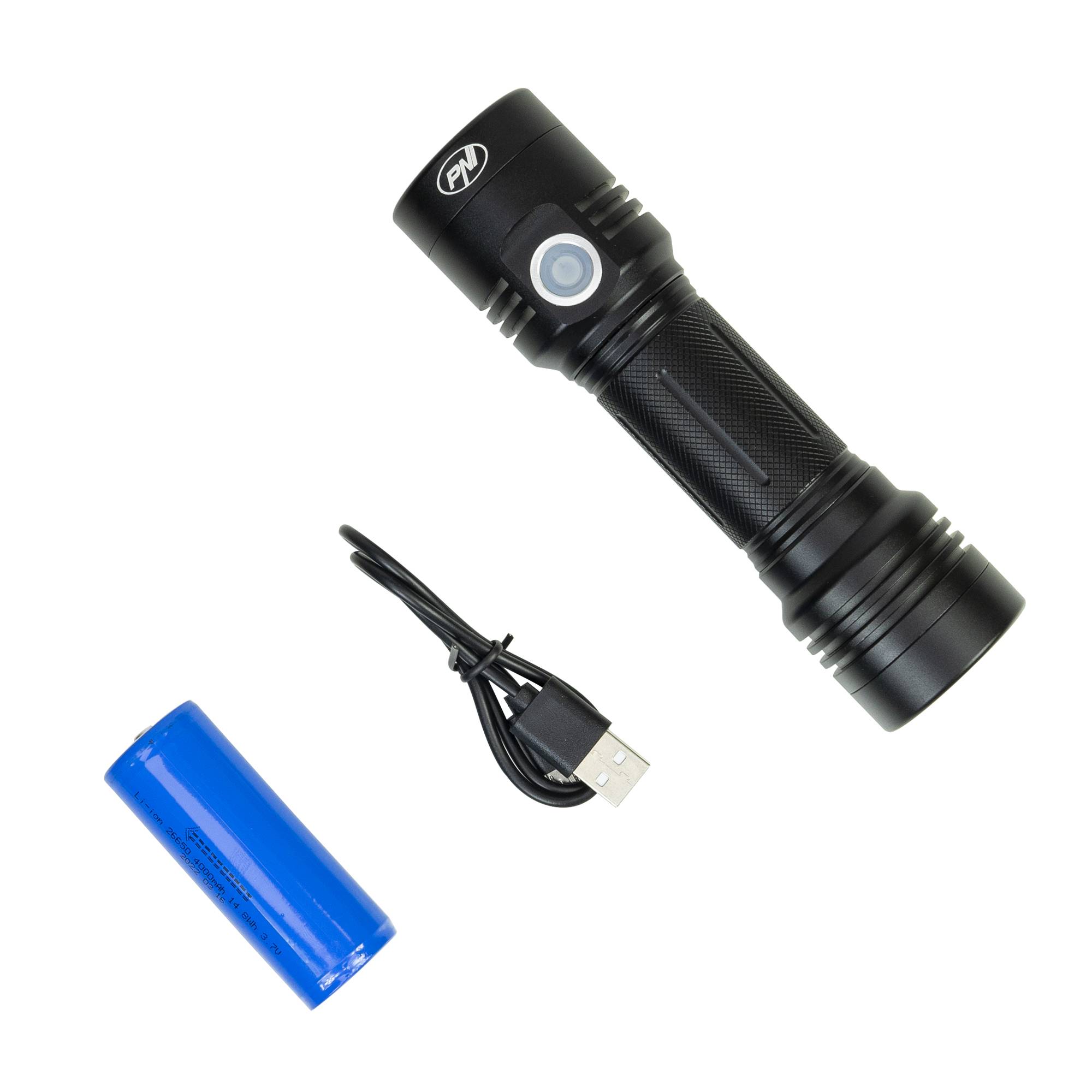 PNI Adventure F200 Aluminium-Doppeltaschenlampenpaket mit LED, 4000-mAh-Akku, 3 LEDs mit großer Blende und einer mit Fokus und PNI CHG300-Netzteil