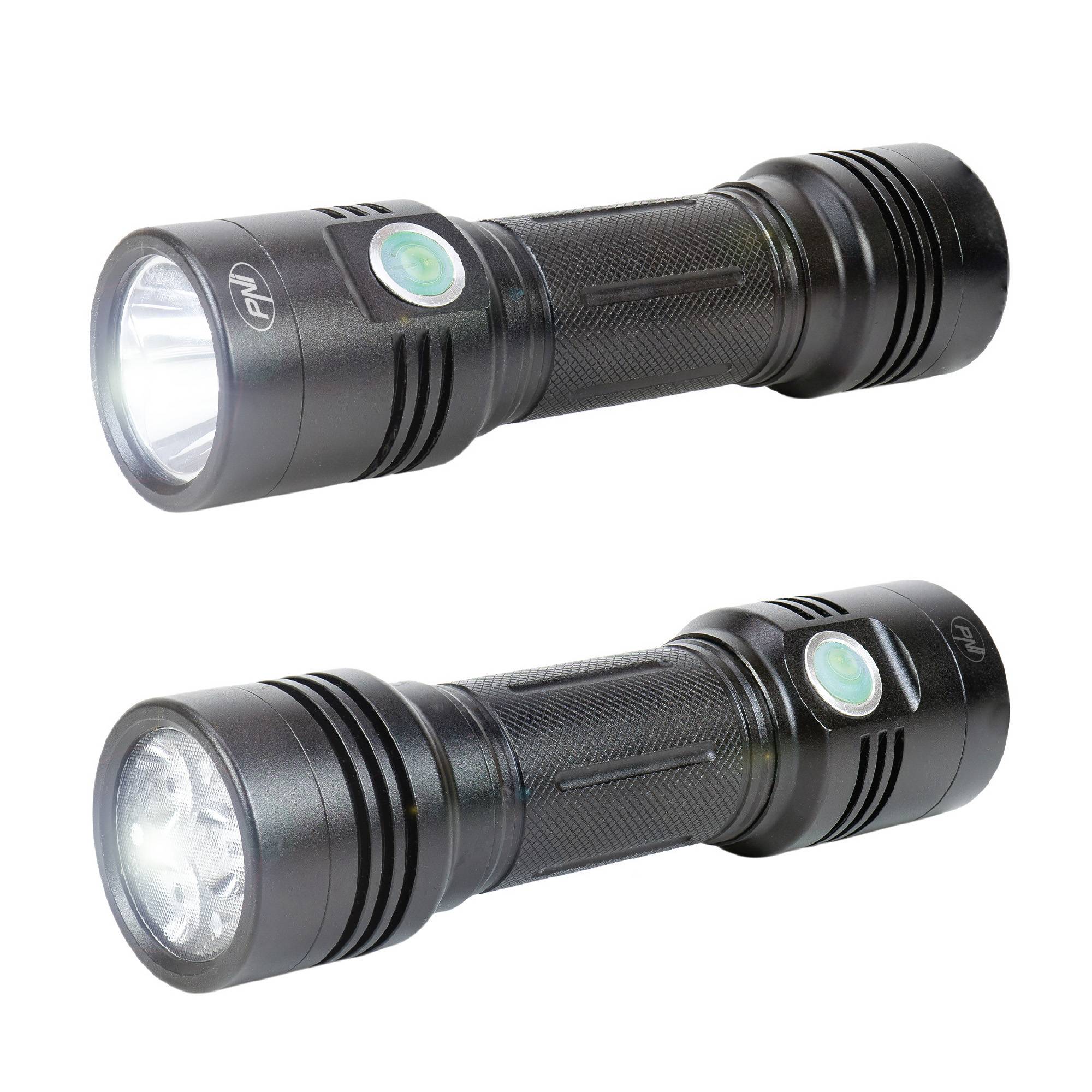 PNI Adventure F200 Aluminium-Doppeltaschenlampenpaket mit LED, 4000-mAh-Akku, 3 LEDs mit großer Blende und einer mit Fokus und PNI CHG300-Netzteil