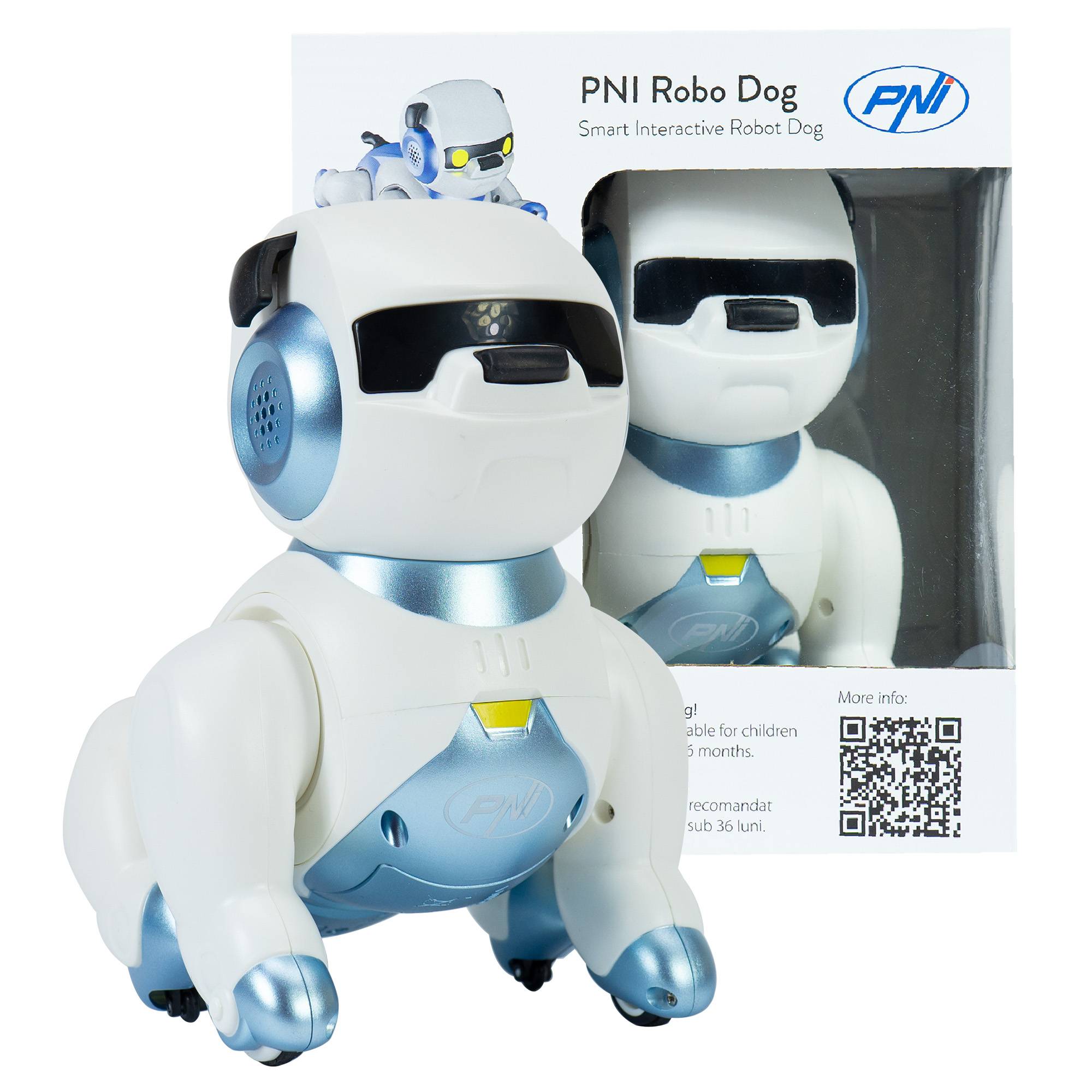 Interaktiver intelligenter Roboter PNI Robo Dog, Sprachsteuerung, Touch-Tasten, weiß-blau, inklusive Batterie 3,7 V 350 mAh