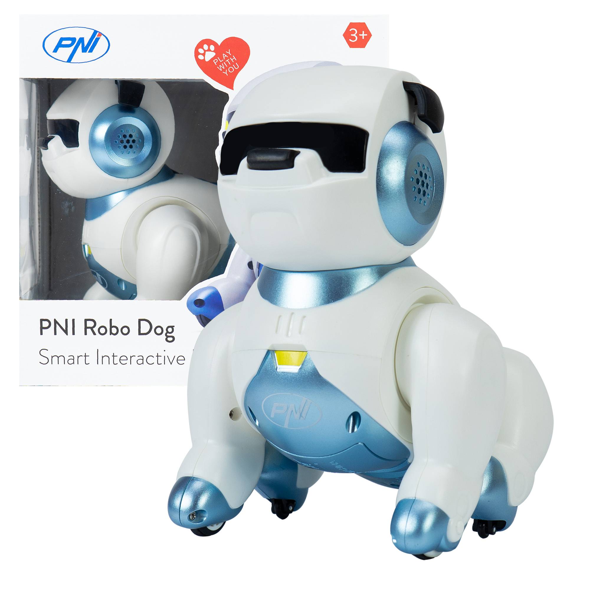 Interaktiver intelligenter Roboter PNI Robo Dog, Sprachsteuerung, Touch-Tasten, weiß-blau, inklusive Batterie 3,7 V 350 mAh