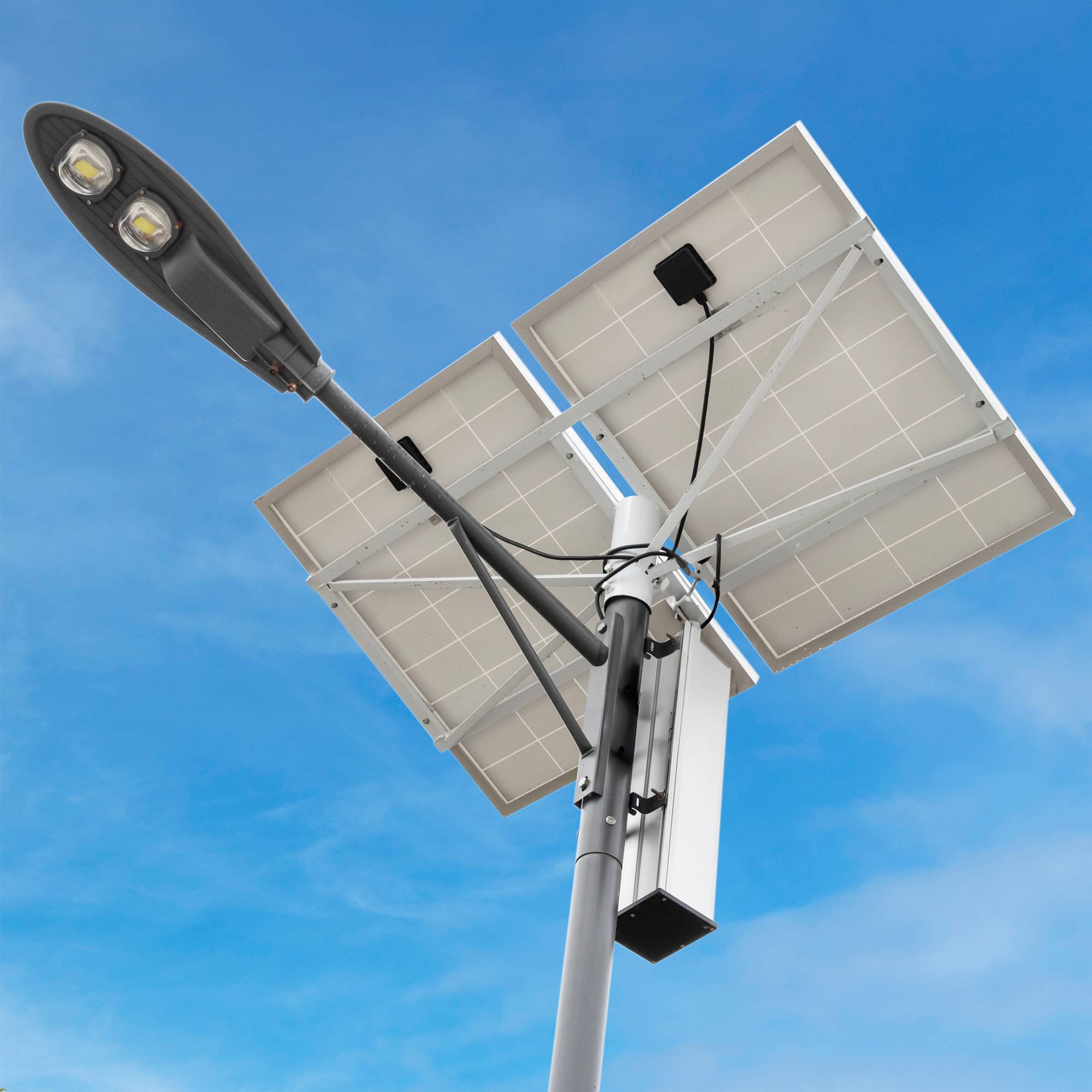 PNI SL802 Straßenlaternenmast mit zwei 2 x 80 W Photovoltaikmodulen, 2 x 30 W LED-Projektor, 60 Ah-Batterie und 6 Meter langem Montagemast