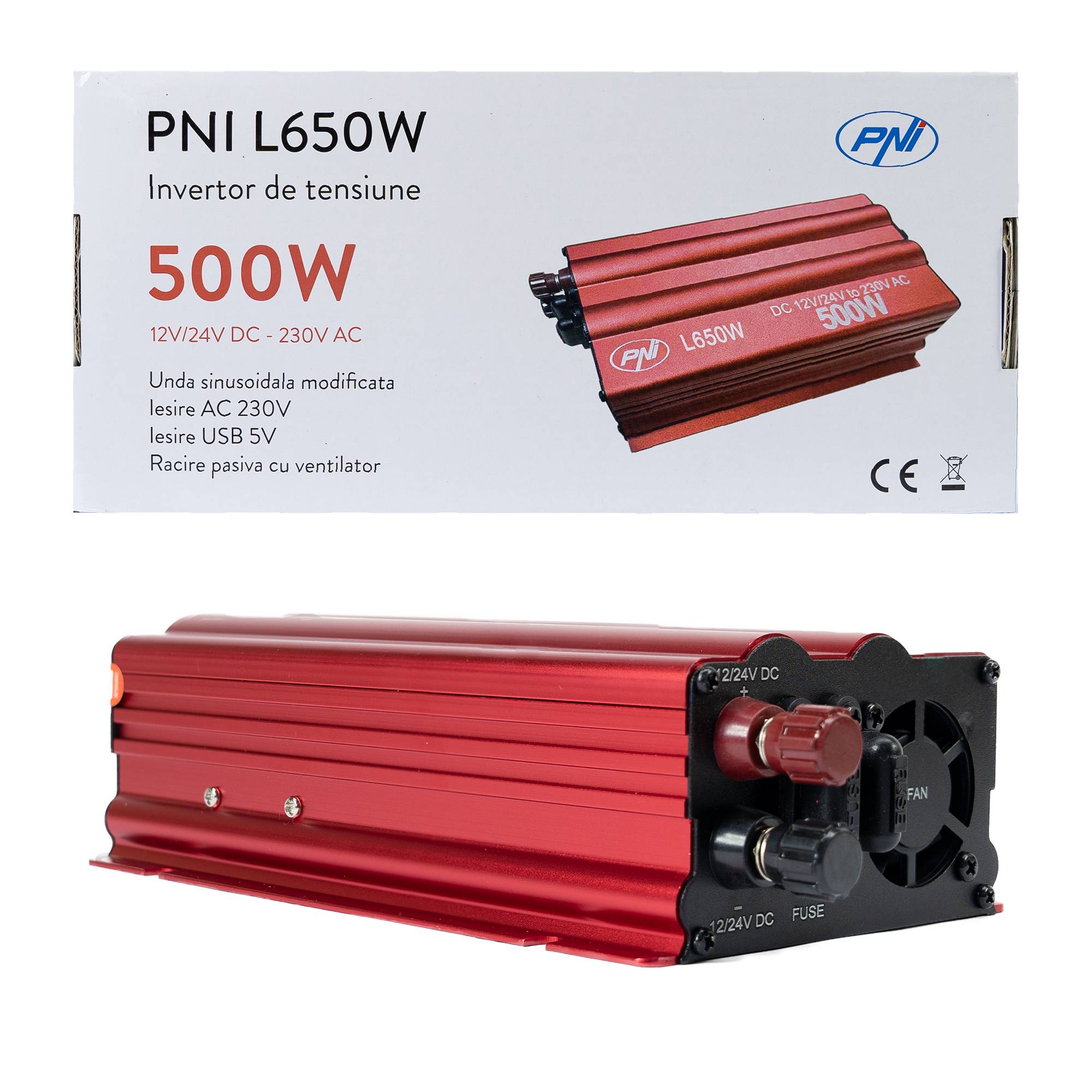 Spannungswandler PNI L650W duales Netzteil 12V/24V, Ausgang 230V, 500W, modifizierter Sinus, USB-Stecker 5V 500mAh, inkl. Stromzangen und