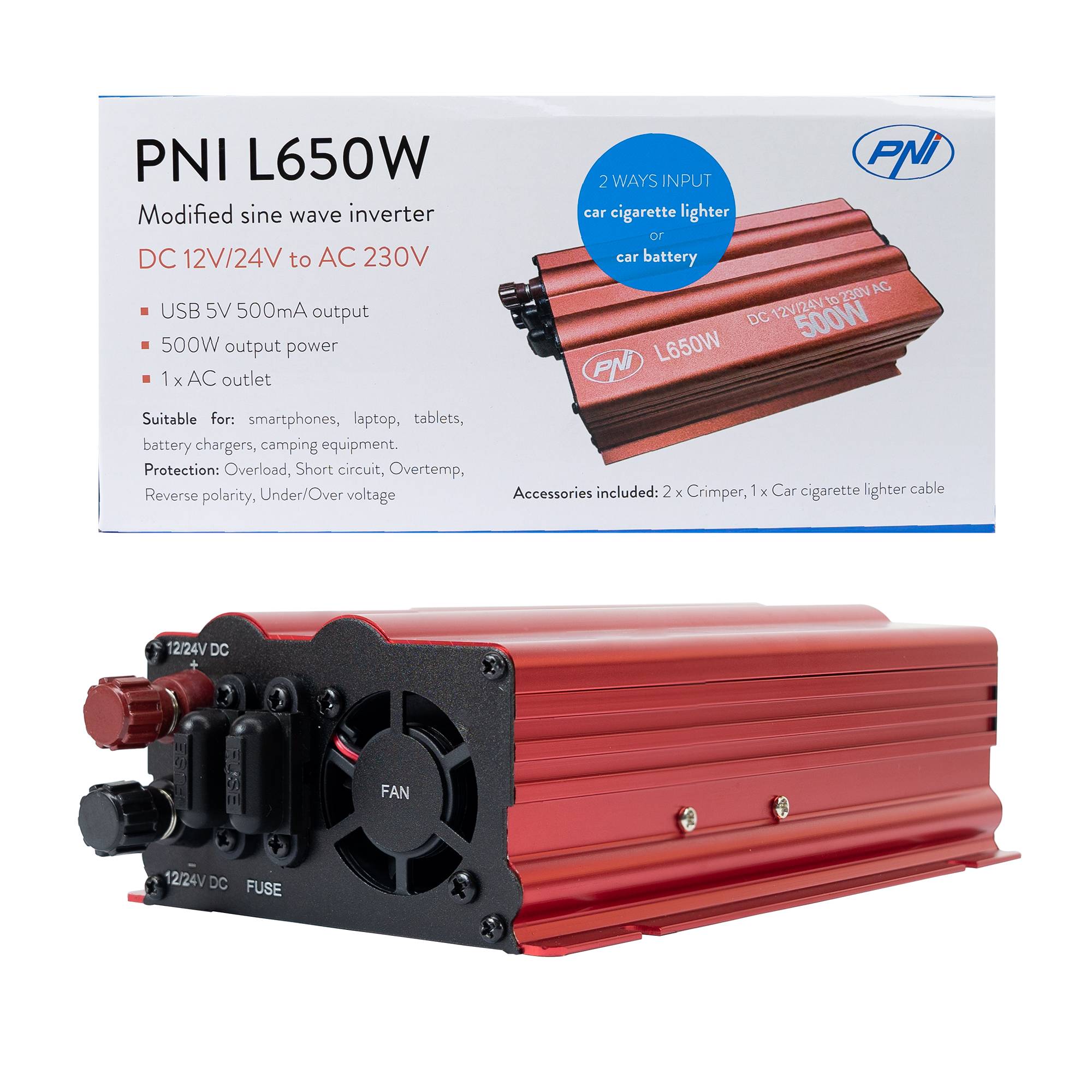 Spannungswandler PNI L650W duales Netzteil 12V/24V, Ausgang 230V, 500W, modifizierter Sinus, USB-Stecker 5V 500mAh, inkl. Stromzangen und