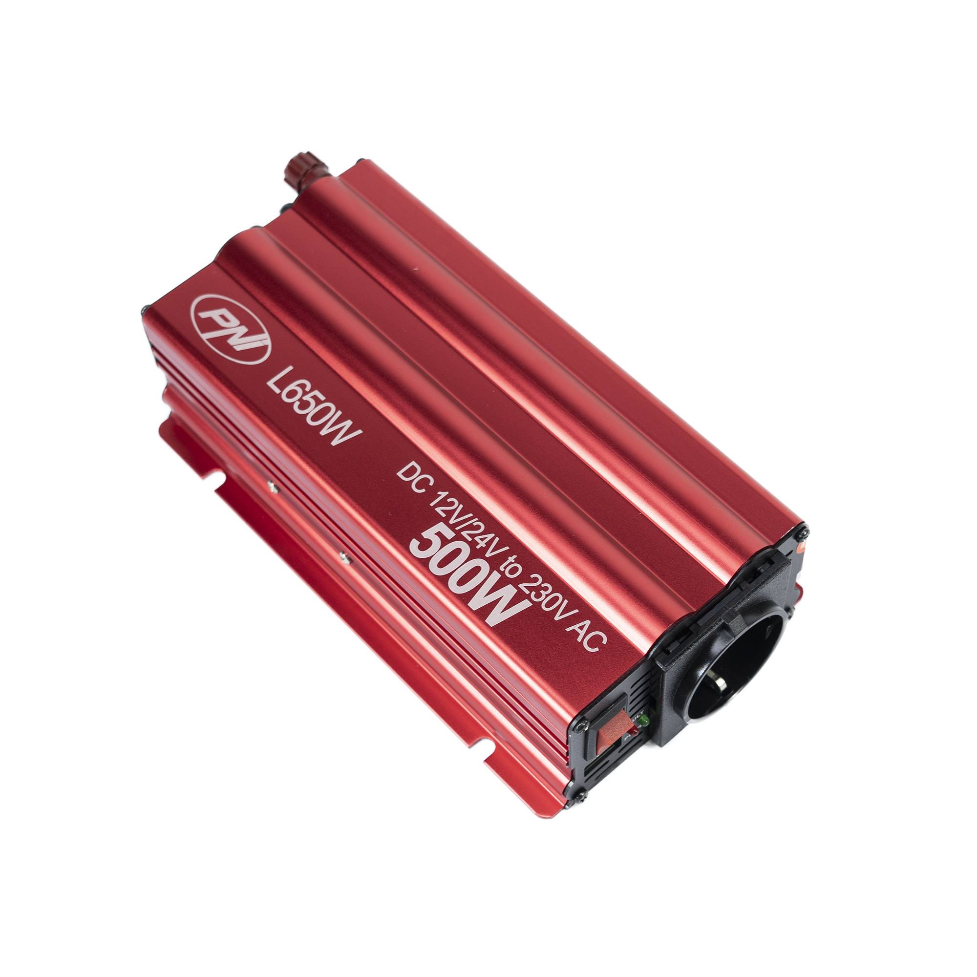 Spannungswandler PNI L650W duales Netzteil 12V/24V, Ausgang 230V, 500W, modifizierter Sinus, USB-Stecker 5V 500mAh, inkl. Stromzangen und