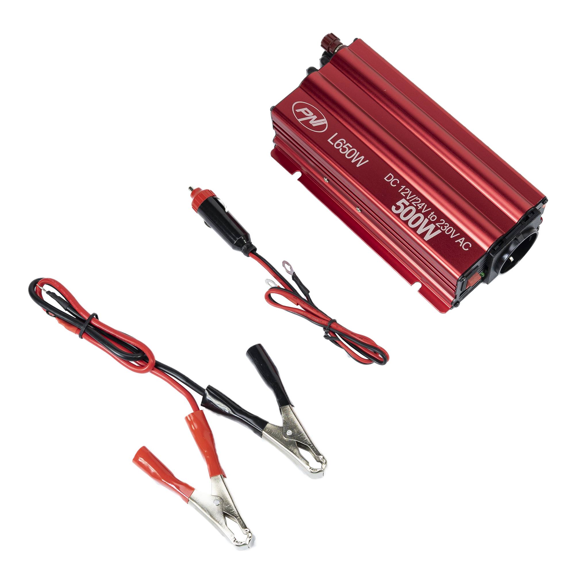 Spannungswandler PNI L650W duales Netzteil 12V/24V, Ausgang 230V, 500W, modifizierter Sinus, USB-Stecker 5V 500mAh, inkl. Stromzangen und