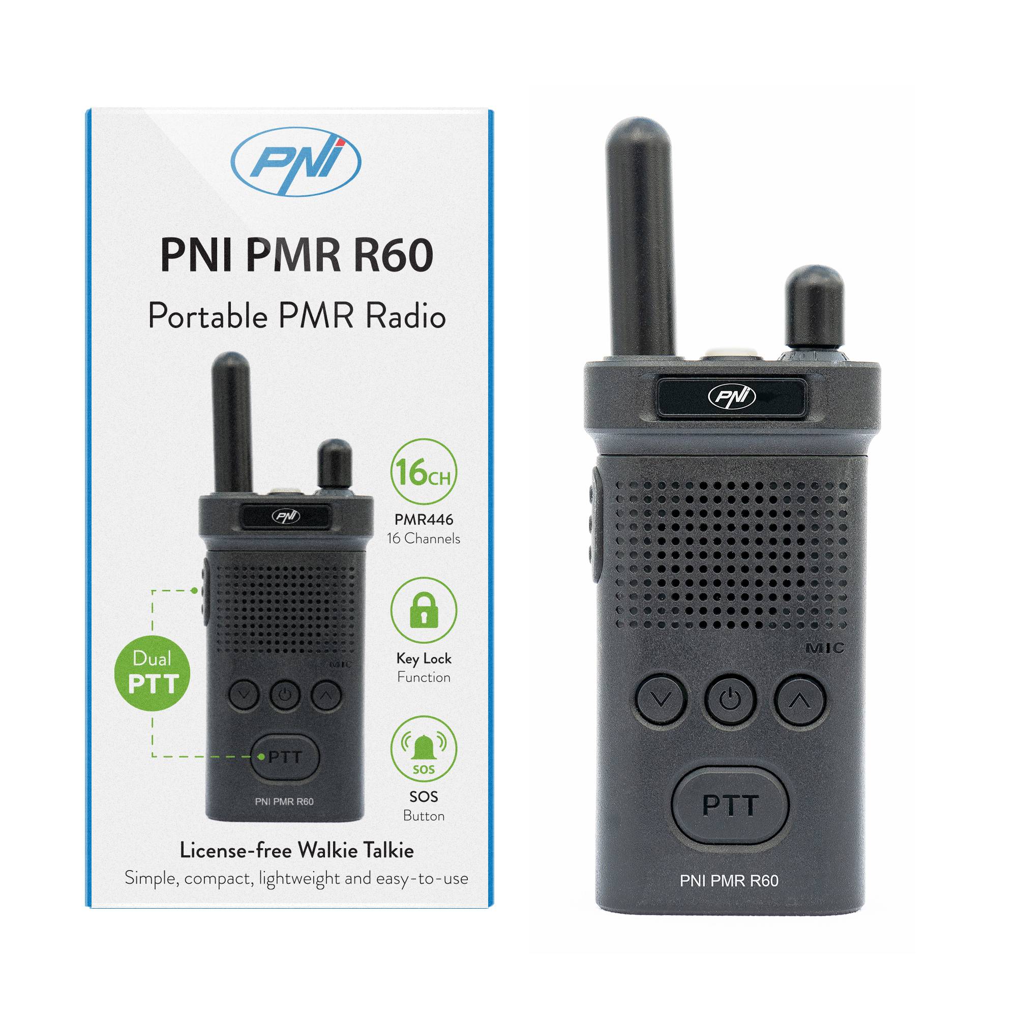 Tragbarer Radiosender PNI PMR R60 446 MHz, 0,5 W, 16 programmierbare Kanäle, 16 PMR- und 50 CTCSS- und 104 DCS-Töne, Scan, Tastensperre, SOS, Monito