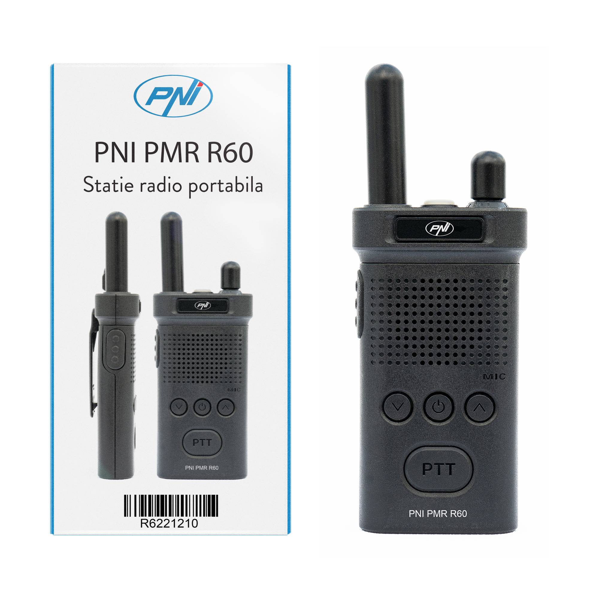 Tragbarer Radiosender PNI PMR R60 446 MHz, 0,5 W, 16 programmierbare Kanäle, 16 PMR- und 50 CTCSS- und 104 DCS-Töne, Scan, Tastensperre, SOS, Monito