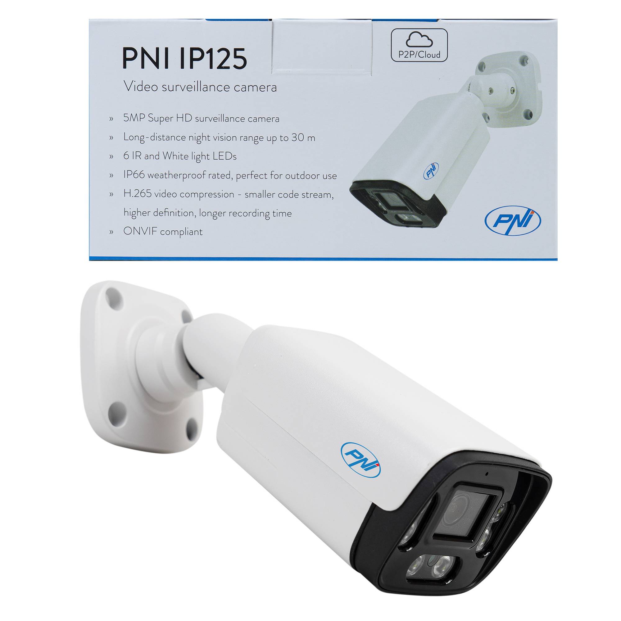 PNI IP125 Videoüberwachungskamera mit IP, 5MP, H.265, ONVIF, Outdoor und Indoor IP66, Personenerkennung, Bewegungserkennung