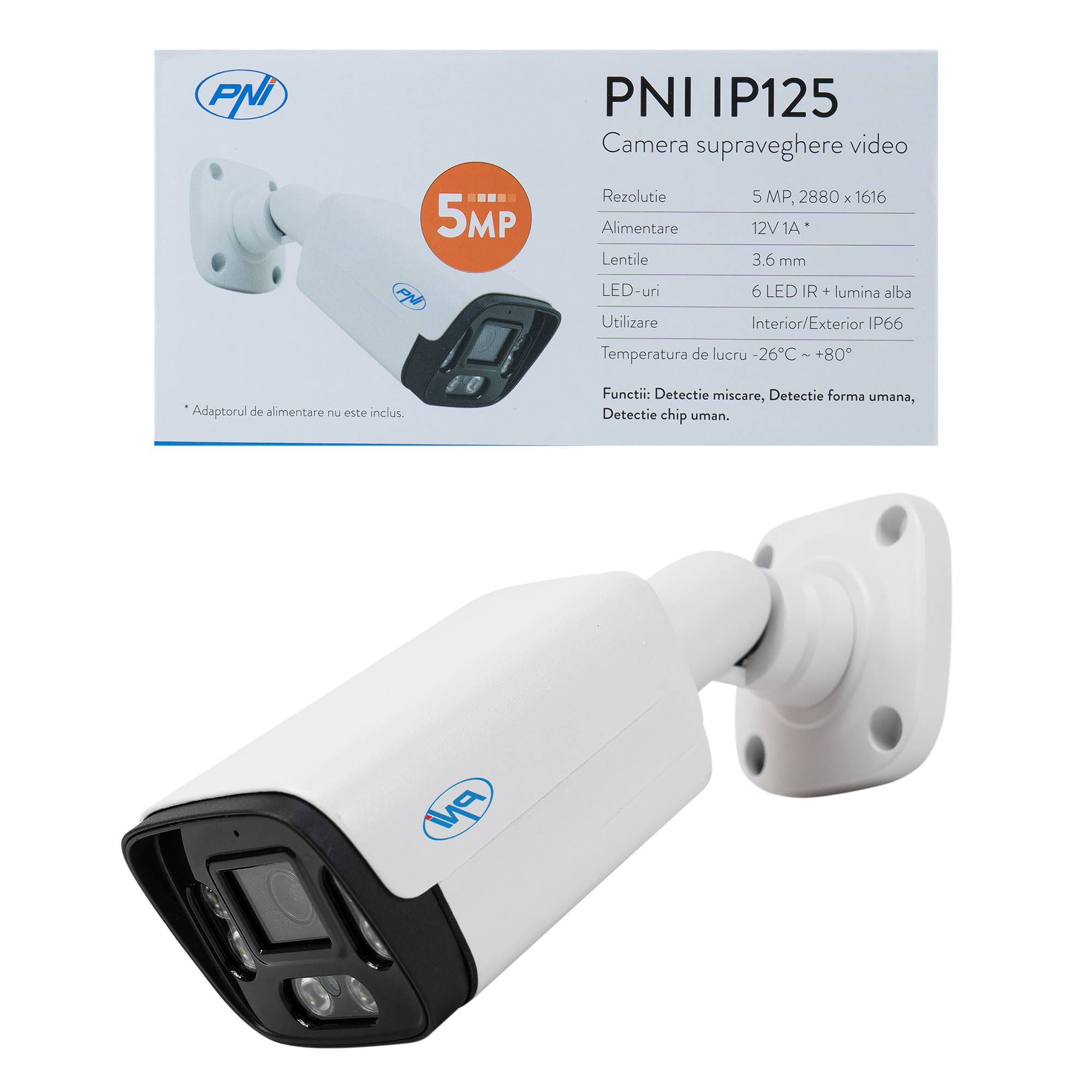 PNI IP125 Videoüberwachungskamera mit IP, 5MP, H.265, ONVIF, Outdoor und Indoor IP66, Personenerkennung, Bewegungserkennung