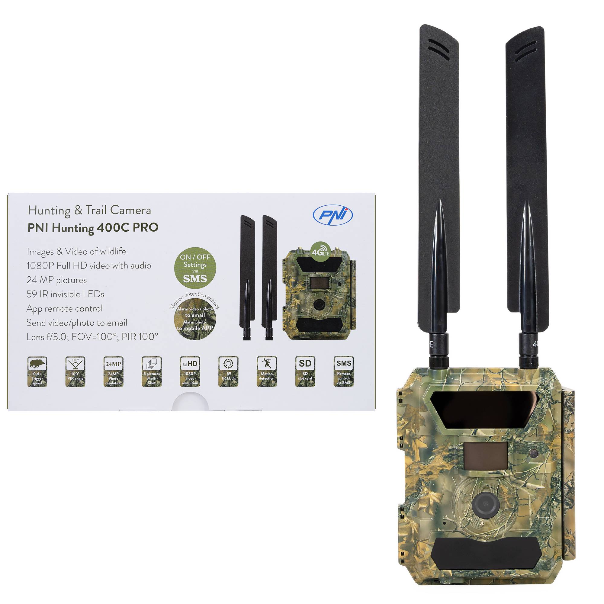 PNI Hunting 400C PRO 24MP Jagdkamera mit 4G LTE Internet, GPS, gleichzeitige Übertragung von Video und Foto auf das Telefon, 4 E-Mails, FTP, Full HD