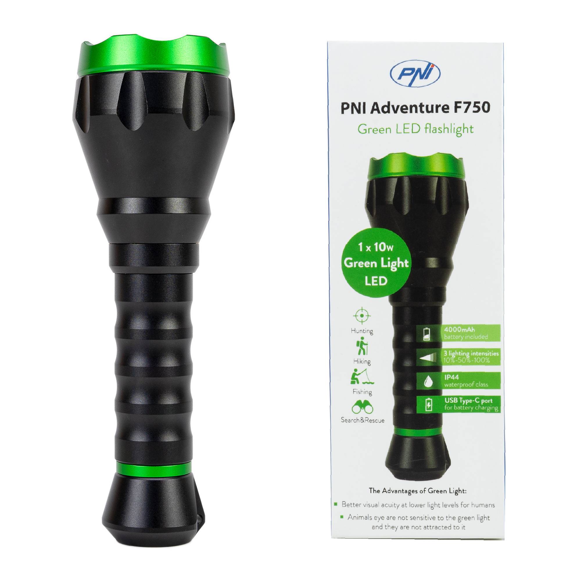 PNI Adventure F750 Green Light Aluminium-Taschenlampe, LED 10 W, 500 lm, bis zu 850 m, IP44, 4000-mAh-Akku im Lieferumfang enthalten, Aufladung über